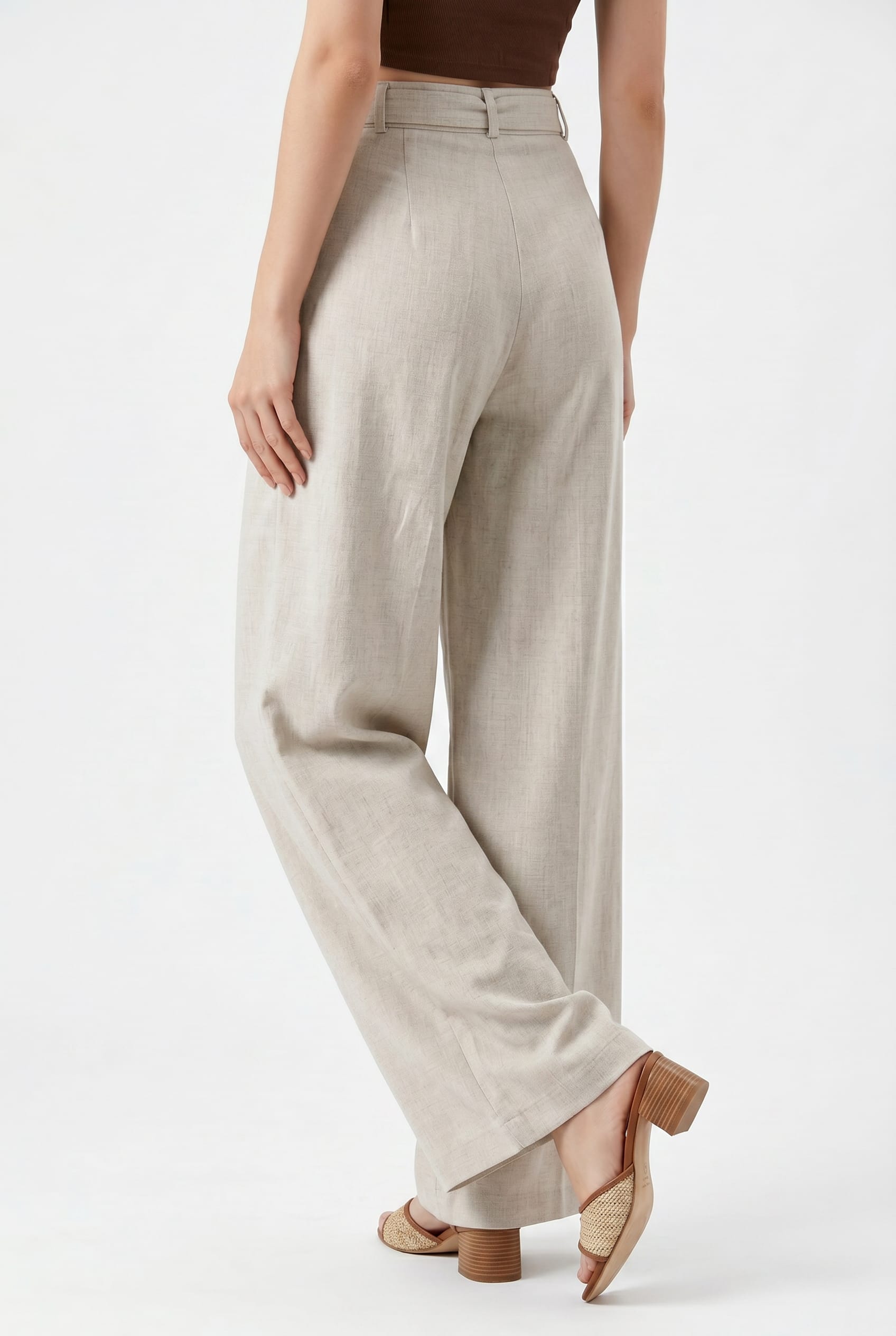 Oatmeal Linen Wide-Leg Belted Trousers