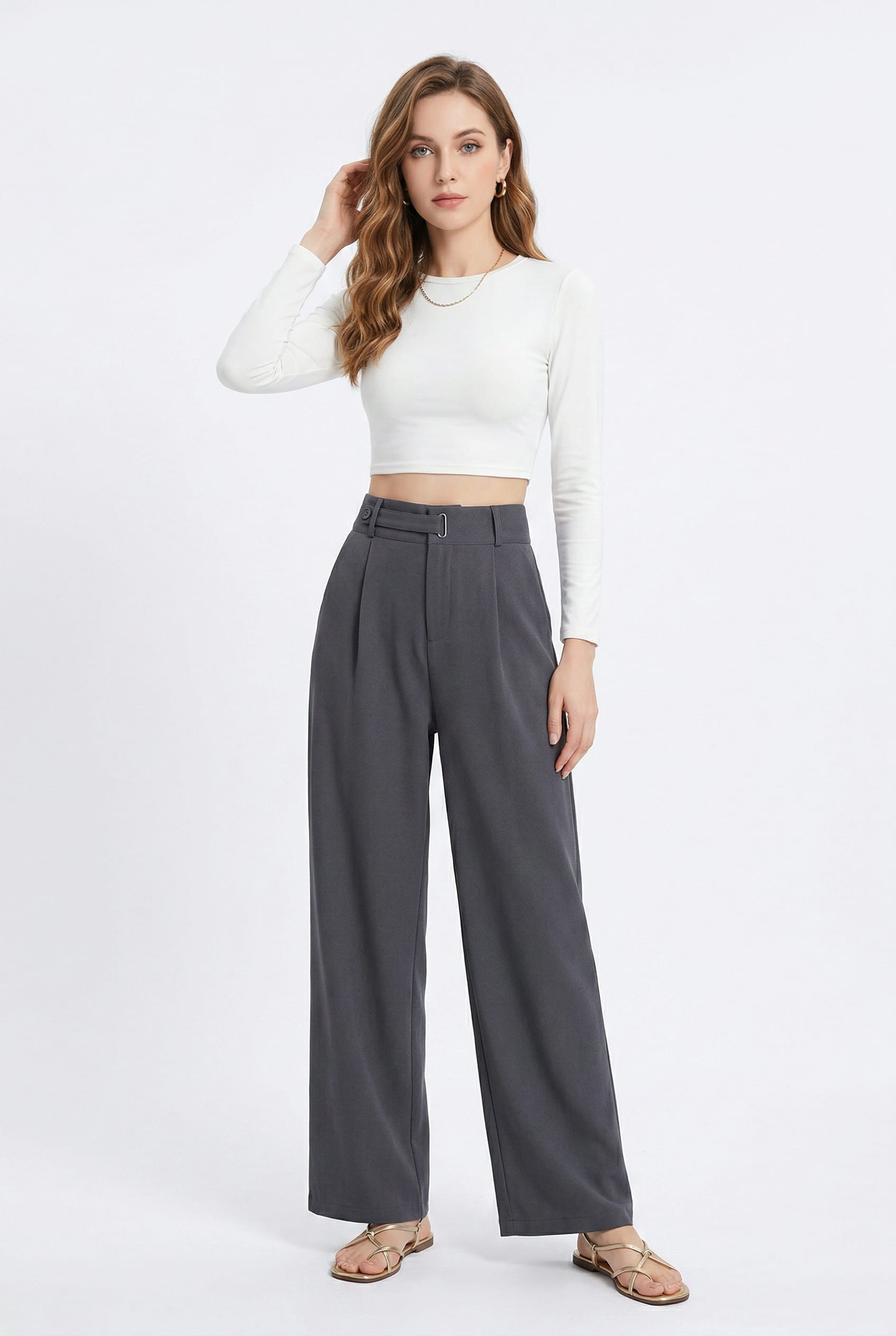 Charcoal Grey Wide Leg Belted Trousers