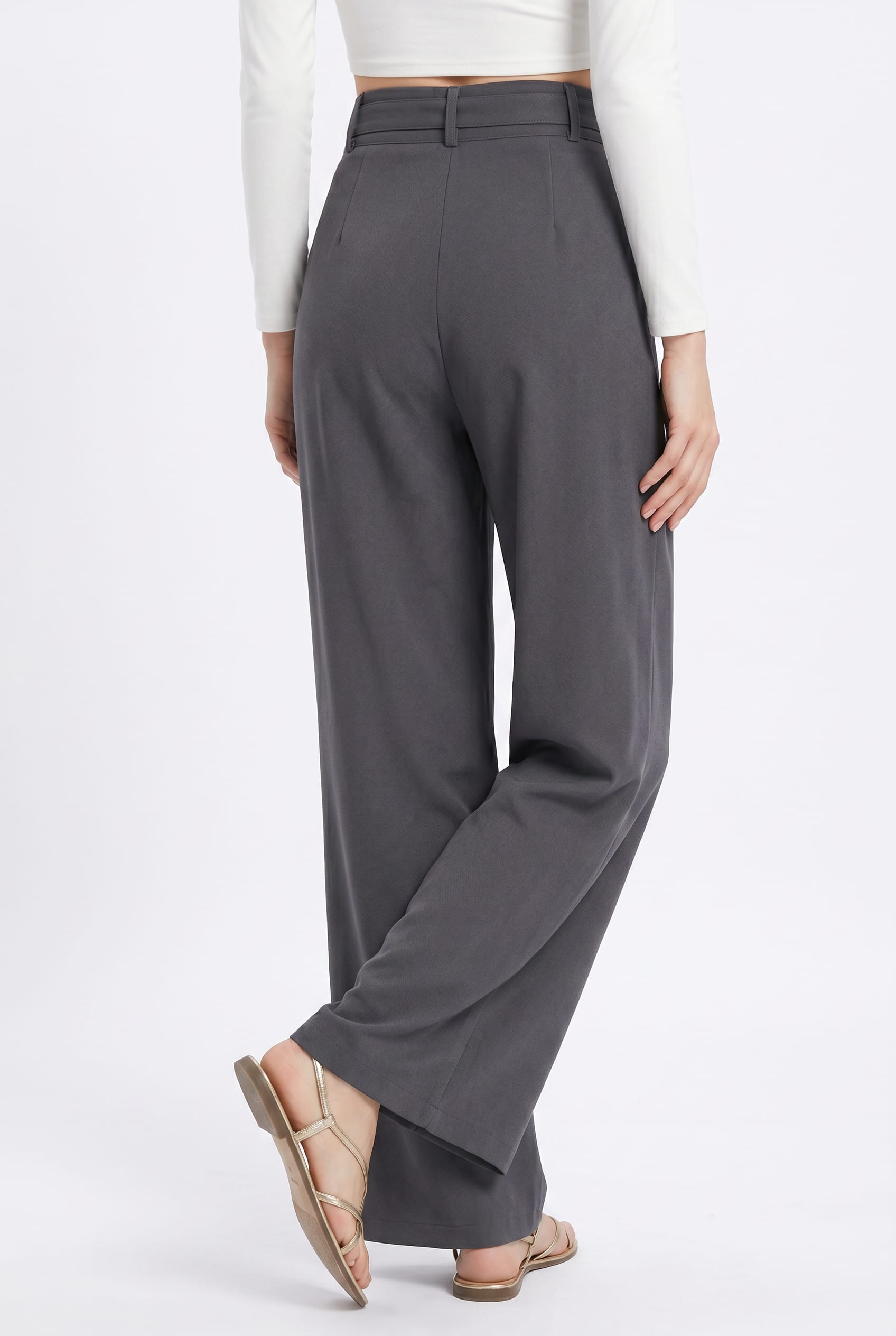 Charcoal Grey Wide Leg Belted Trousers