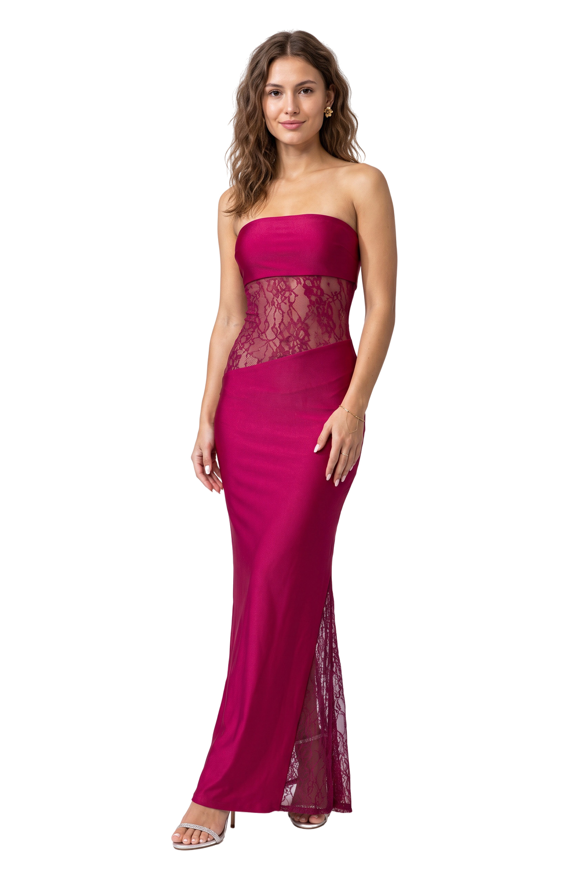 Magenta Lace Panel Strapless Maxi Dress