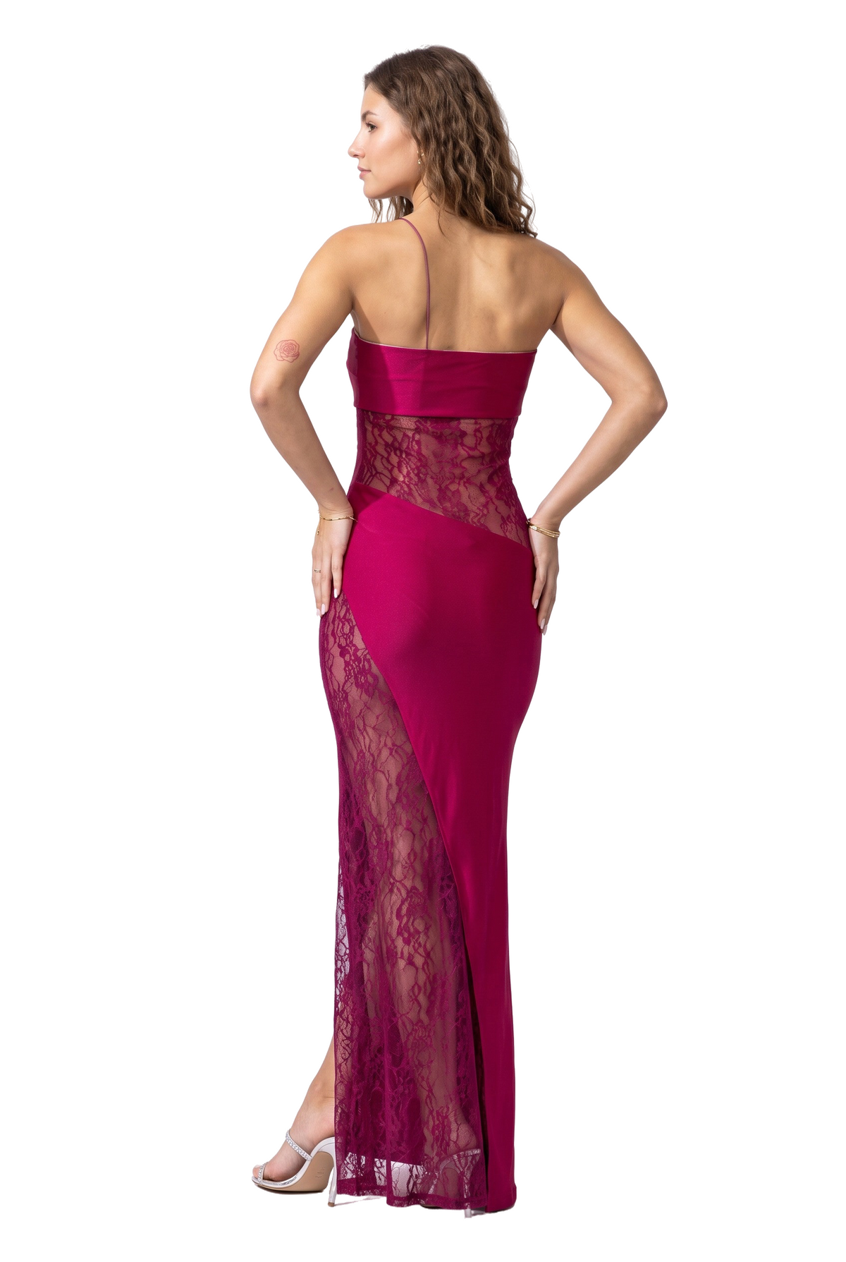 Magenta Lace Panel Strapless Maxi Dress