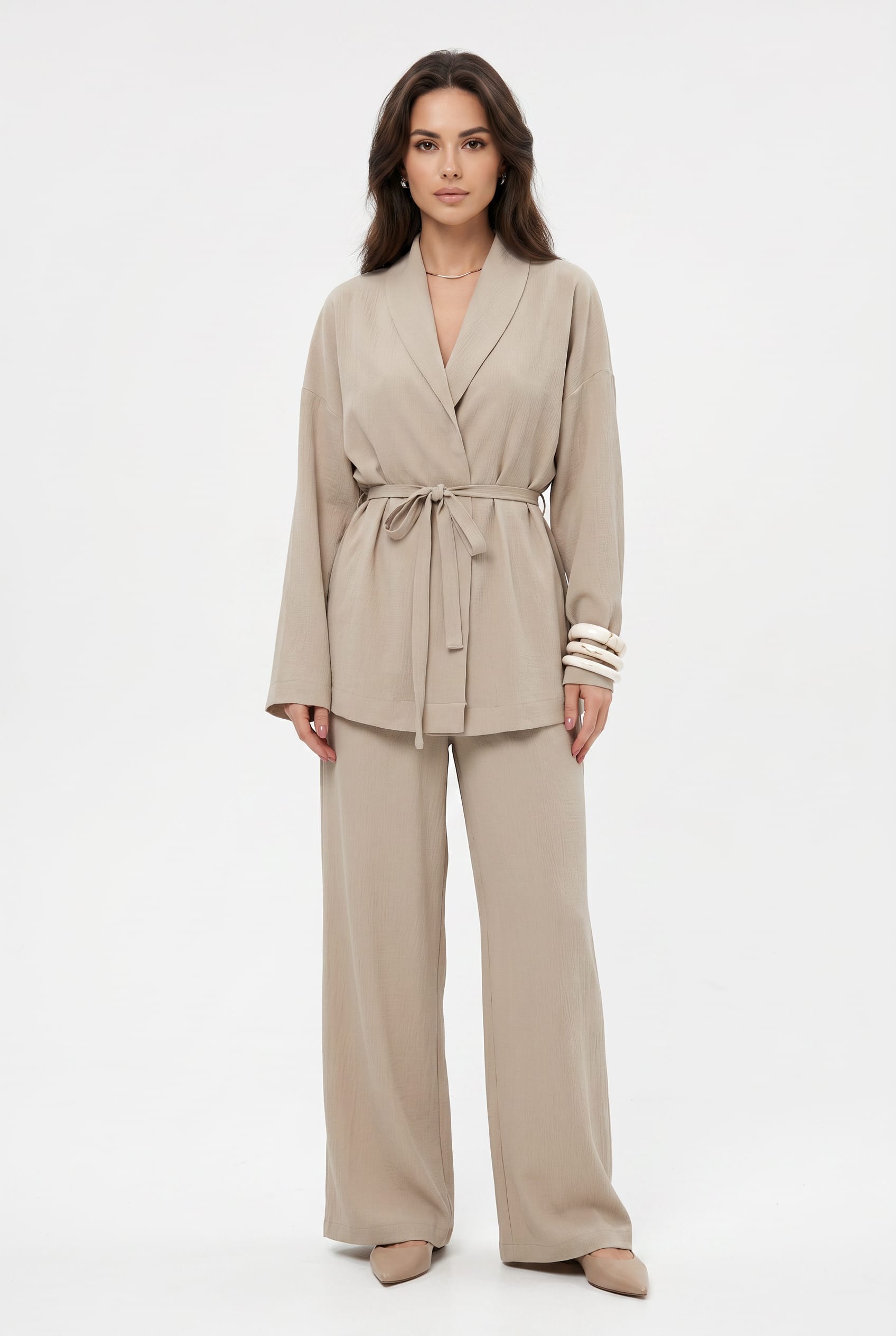 Beige Belted Blazer Wide-Leg Co-ord Set