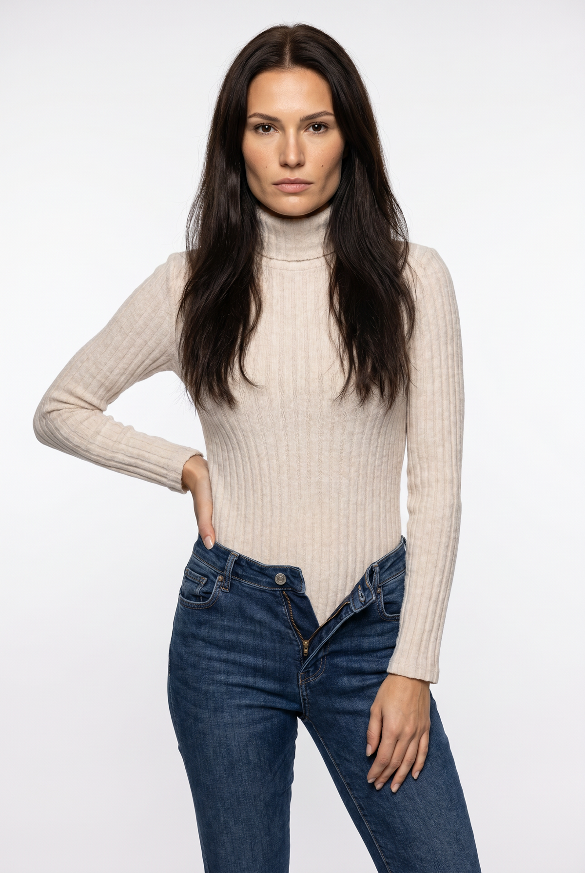 Beige Ribbed Turtleneck Fitted Bodysuit