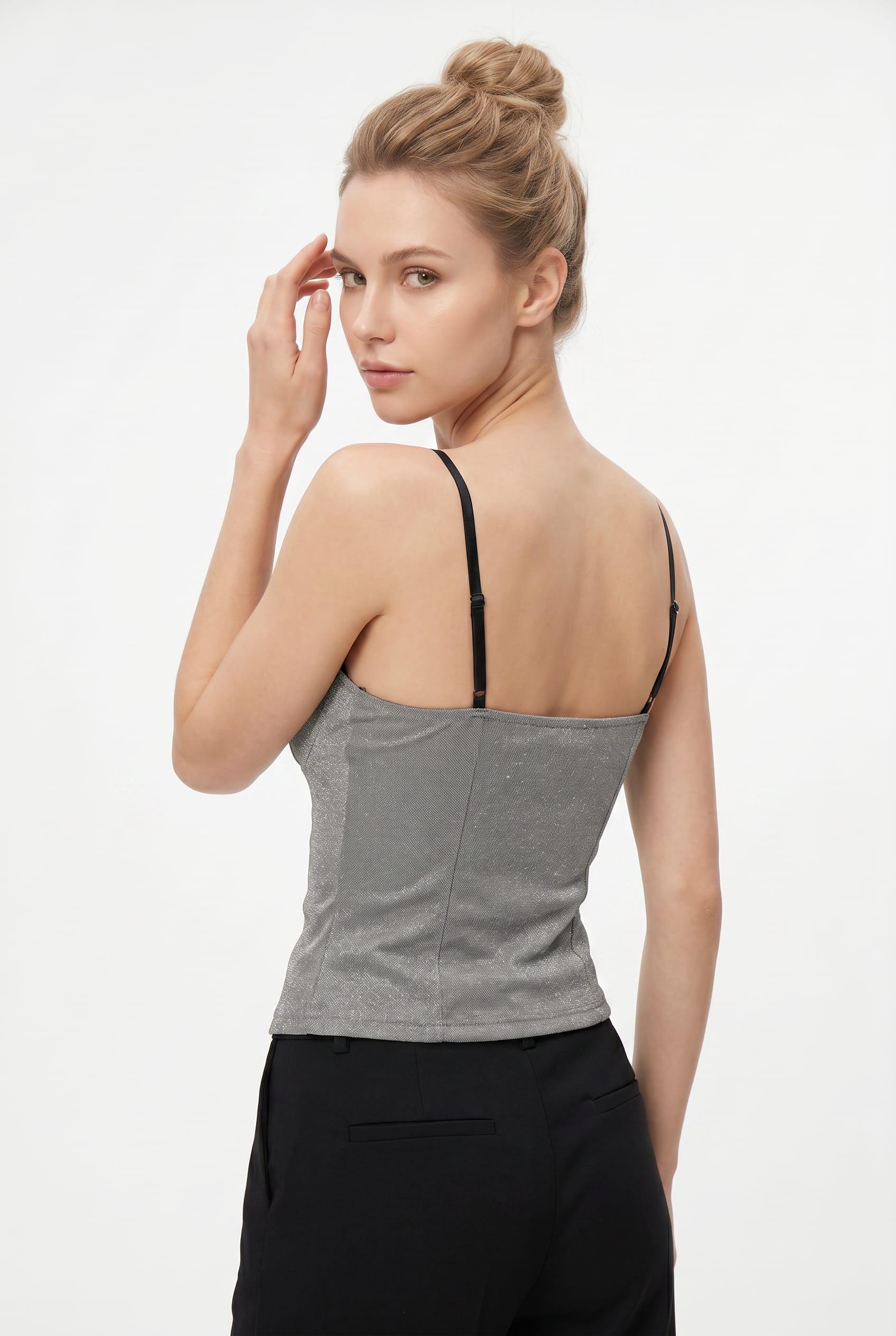 Grey Lace-Trim Bustier Hook-Front Top