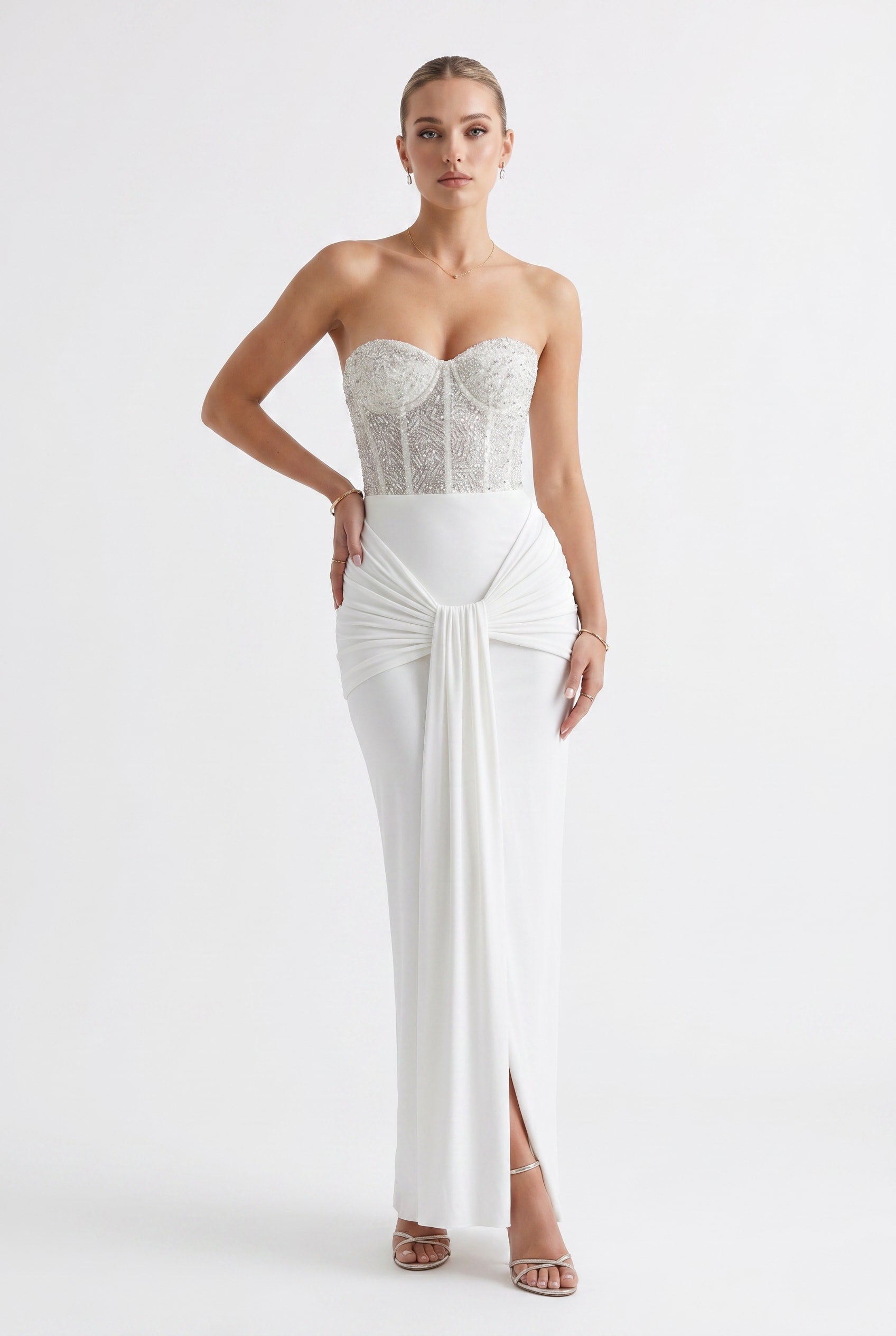 White Embellished Corset Draped Maxi Dress