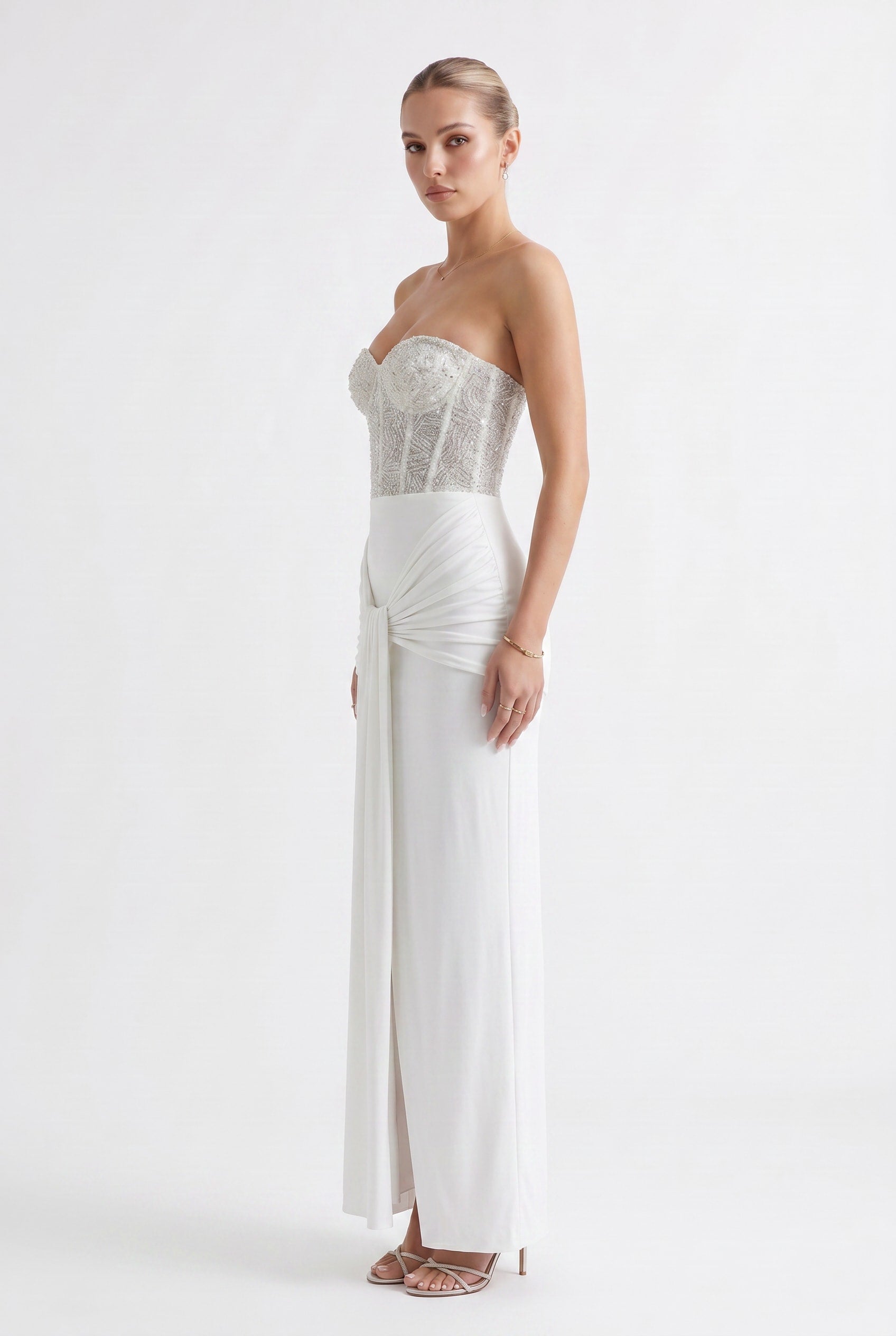 White Embellished Corset Draped Maxi Dress