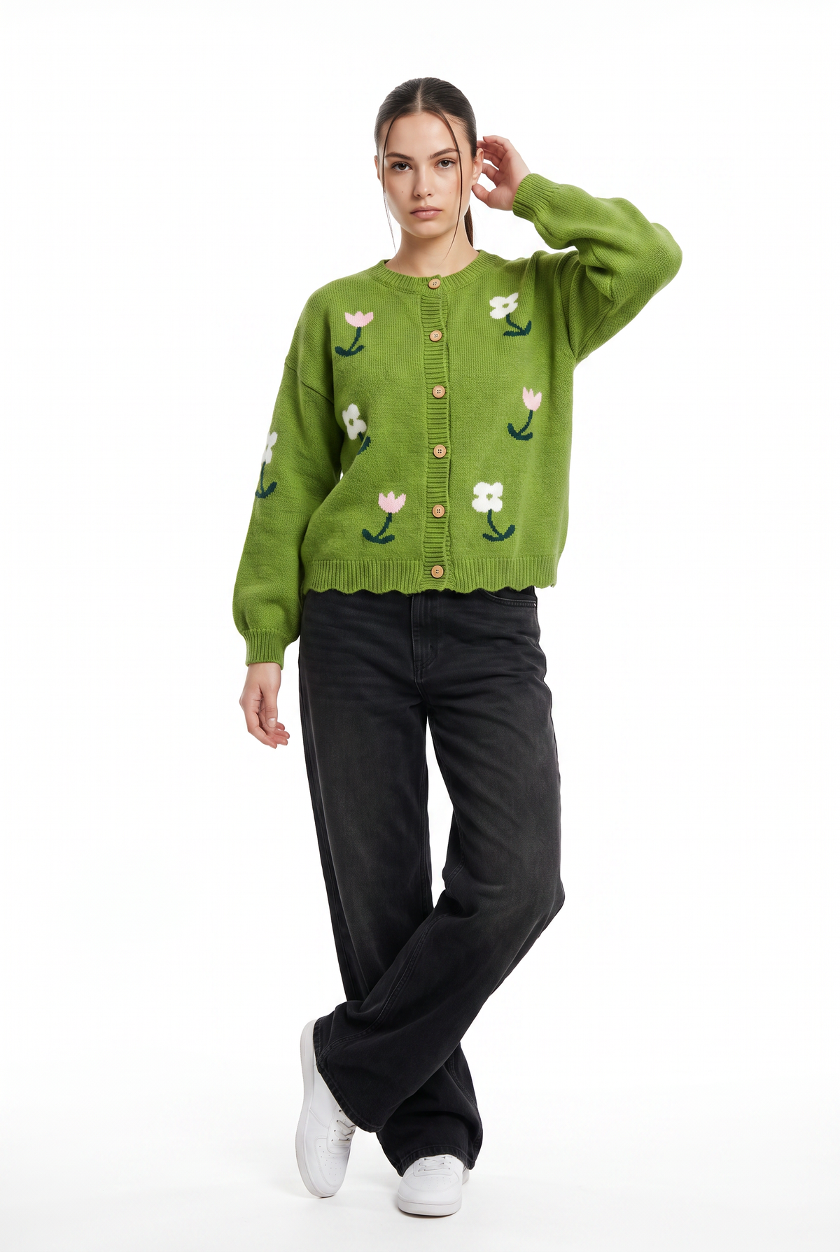 Green Floral Intarsia Knit Cardigan
