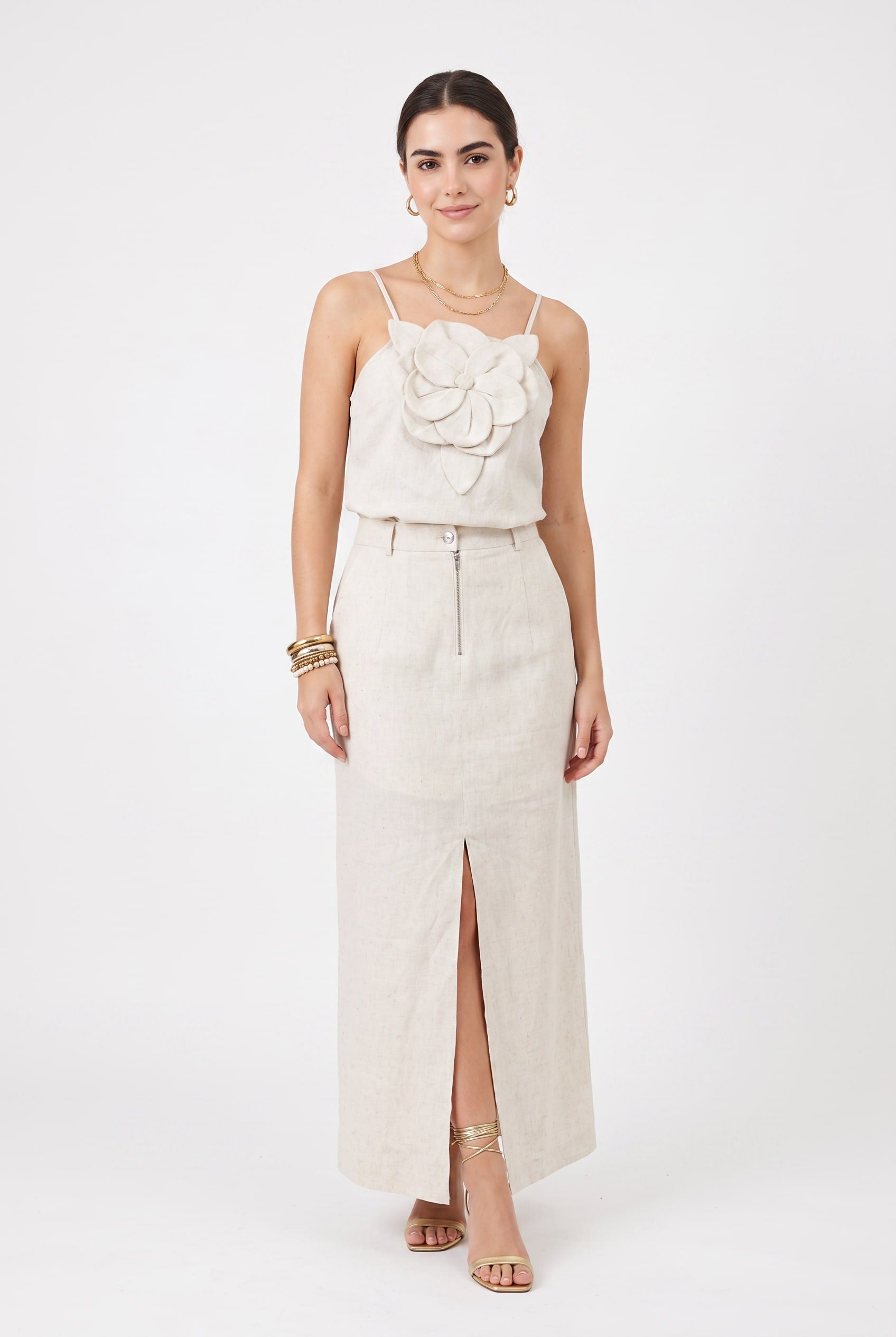 Cream Linen Flower Appliqué Co-ord Set