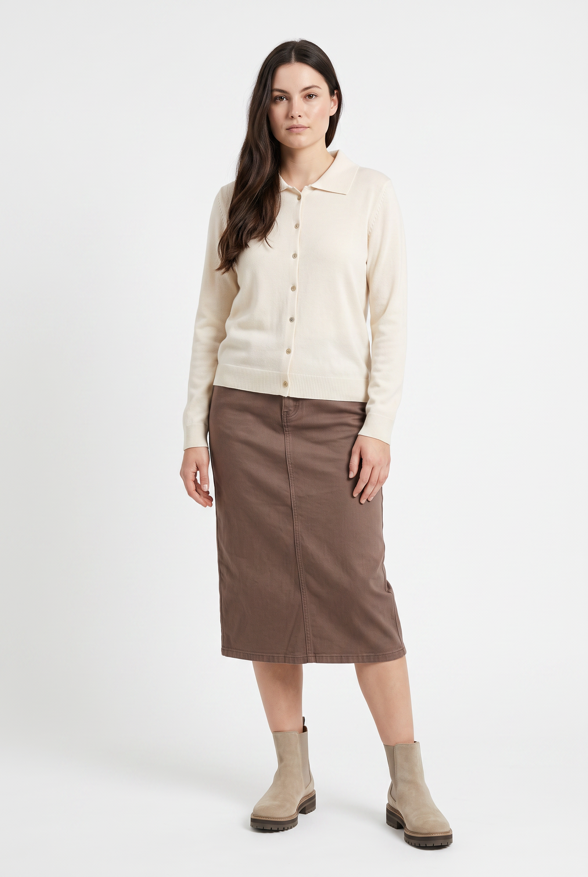 Cream Polo Collar Knit Cardigan