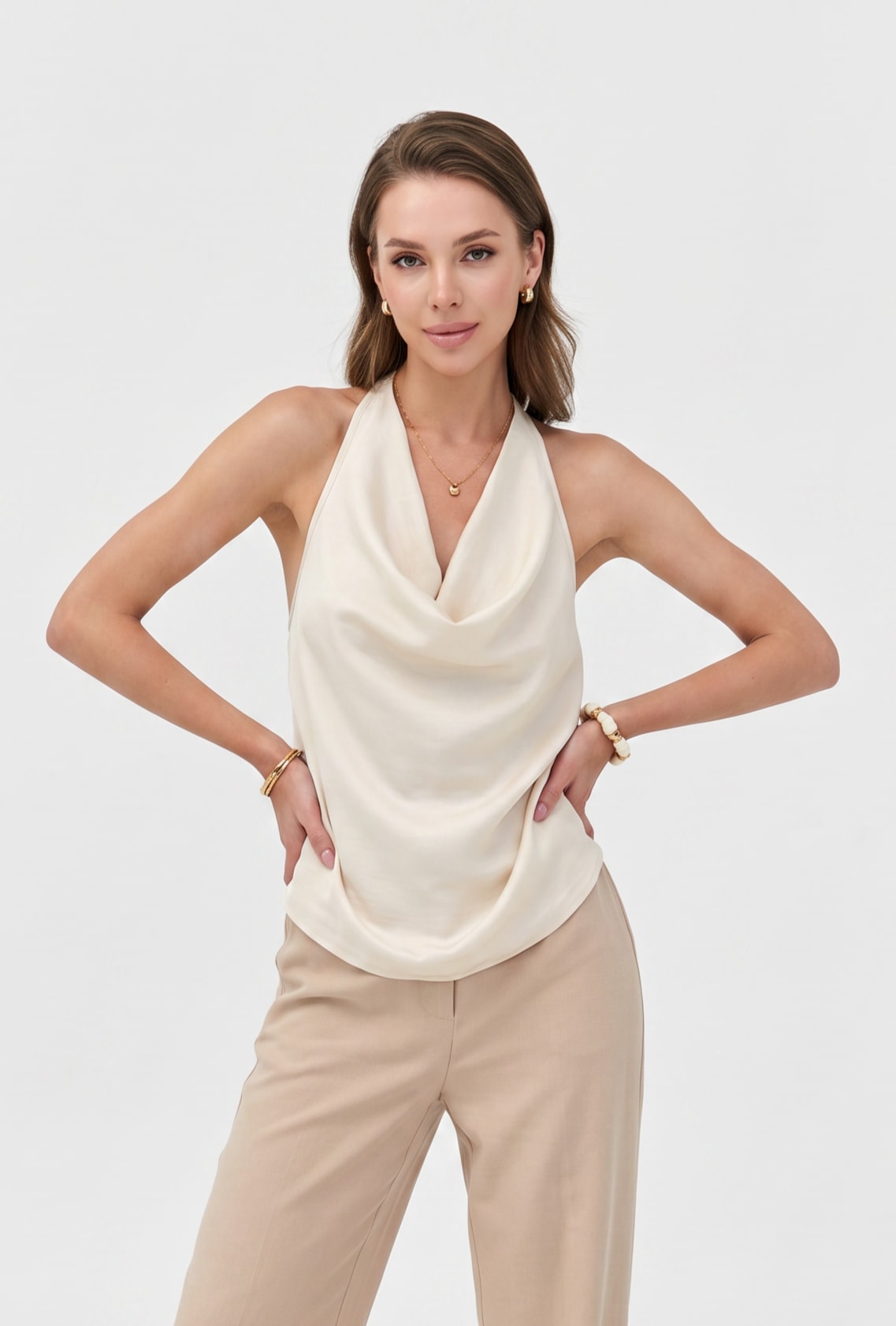 Ivory Satin Cowl Halter Top