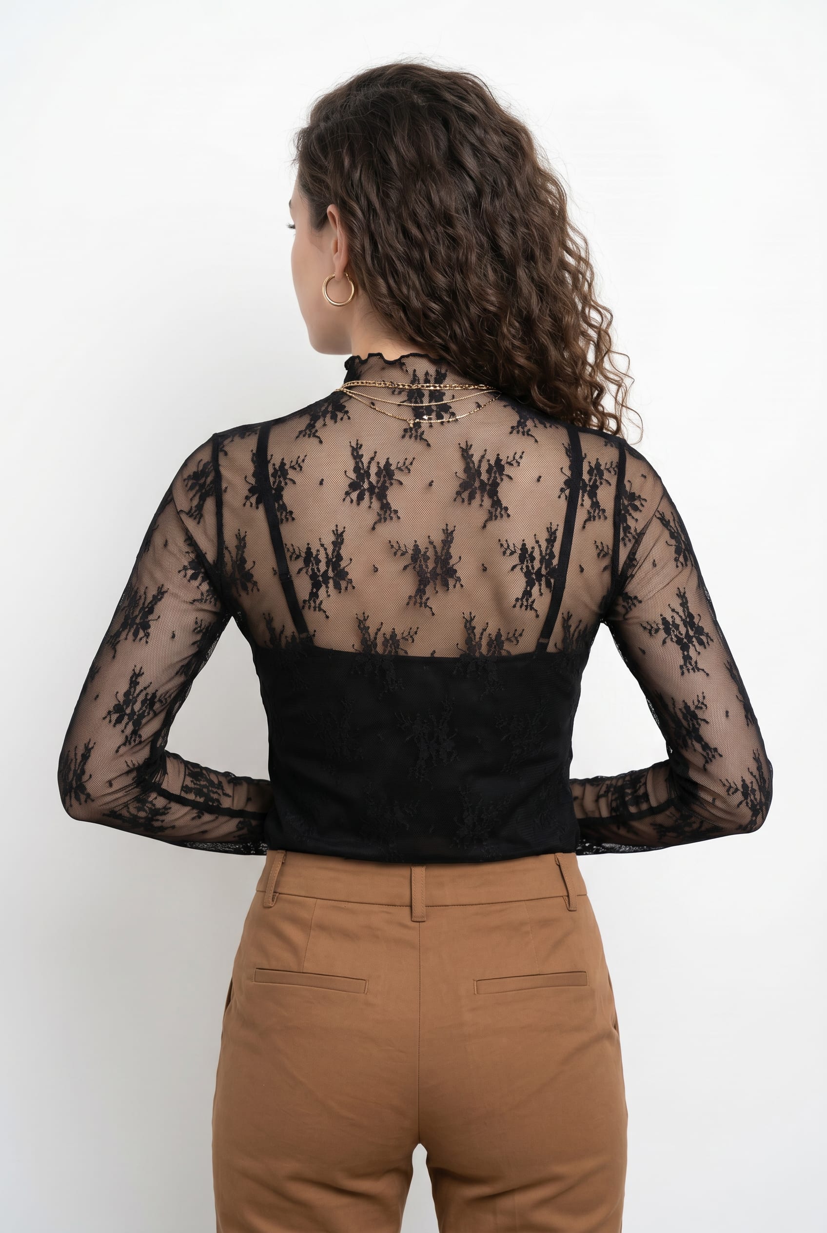 Black Lace Sheer Long Sleeve Top