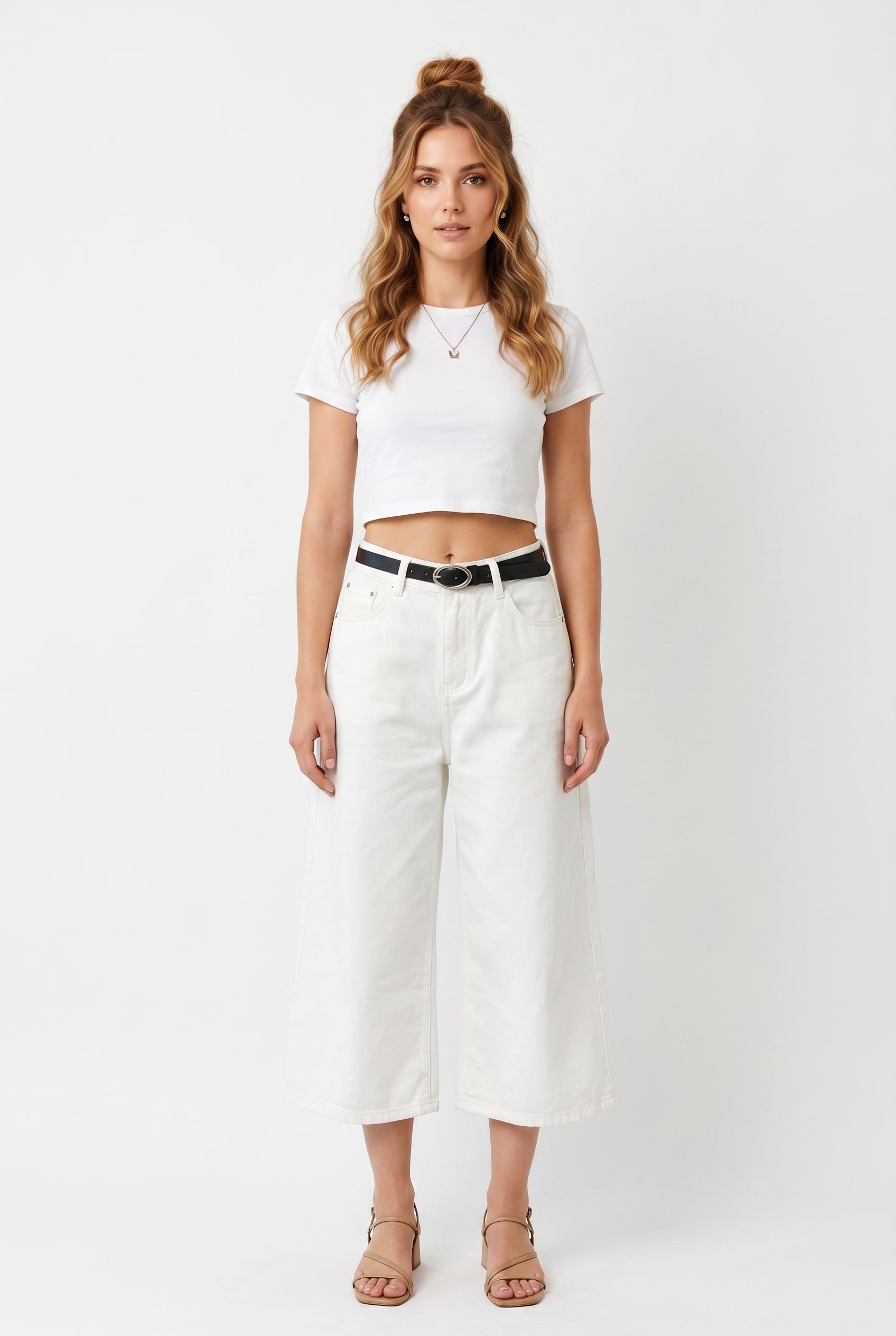 White Cropped Crew Neck Tee