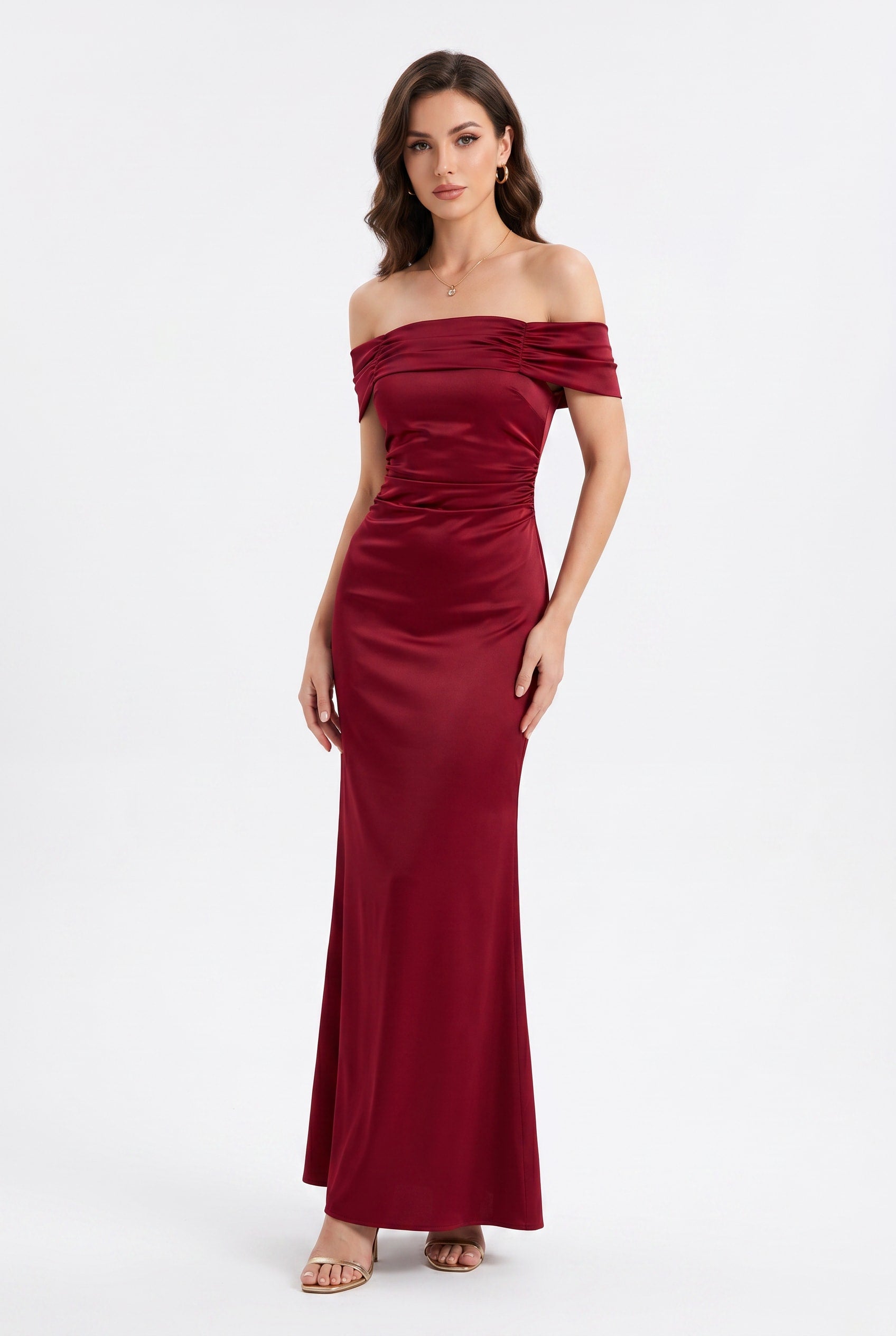 Burgundy Off-Shoulder Satin Maxi Dress