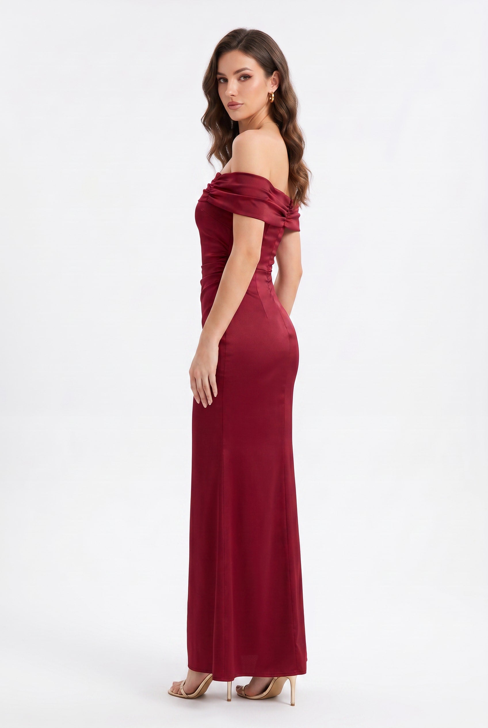 Burgundy Off-Shoulder Satin Maxi Dress