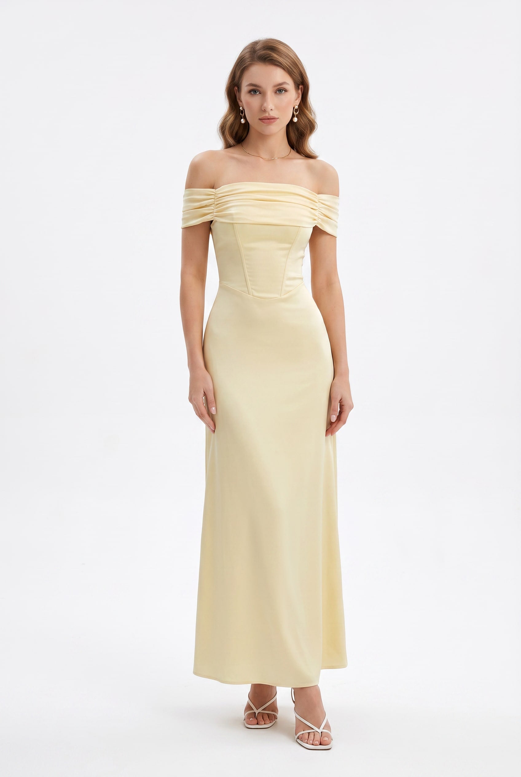Pale Yellow Off-Shoulder Maxi Dress