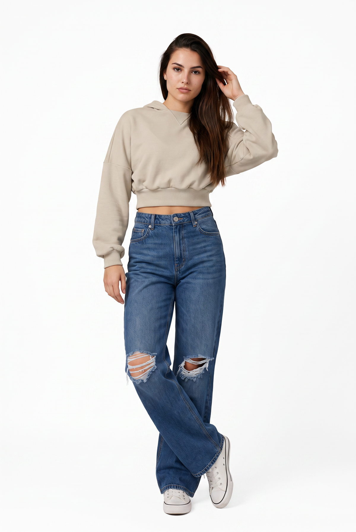 Beige Cotton Cropped Hoodie Pullover