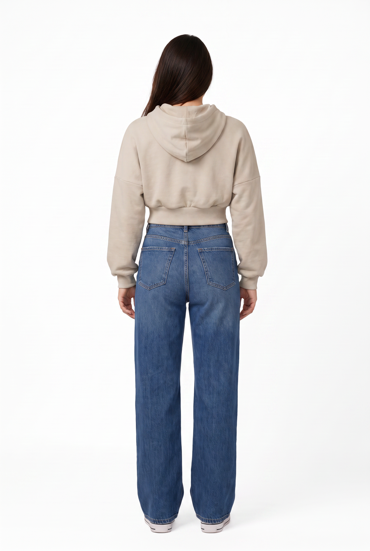 Beige Cotton Cropped Hoodie Pullover