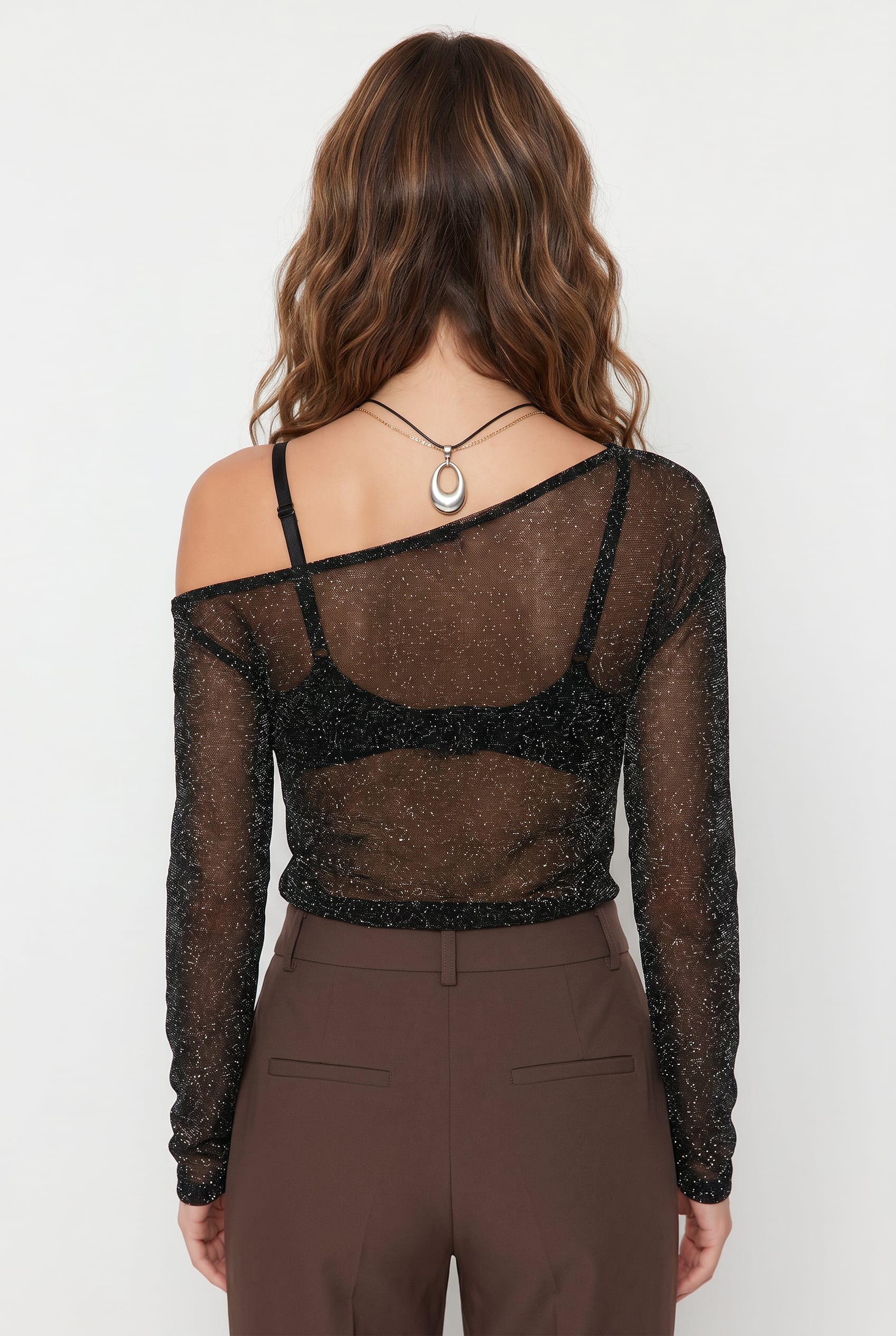 Black Shimmer Sheer Cold-Shoulder Top