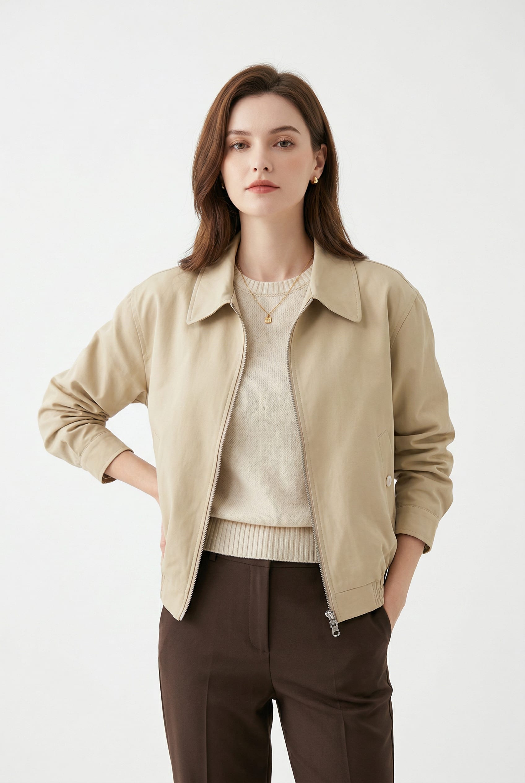 Beige Leather Bomber Jacket