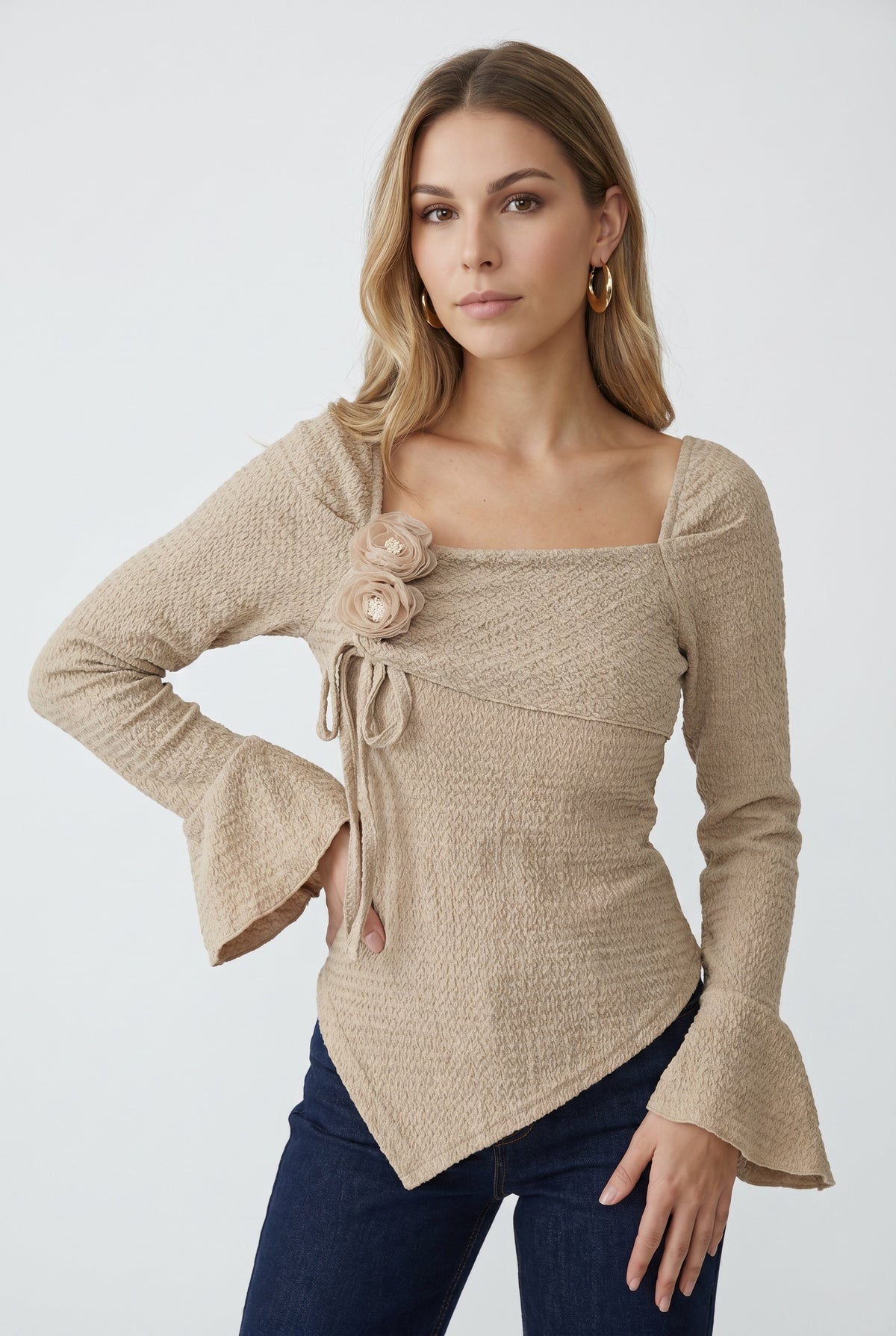 Beige Textured Bell Sleeve Top