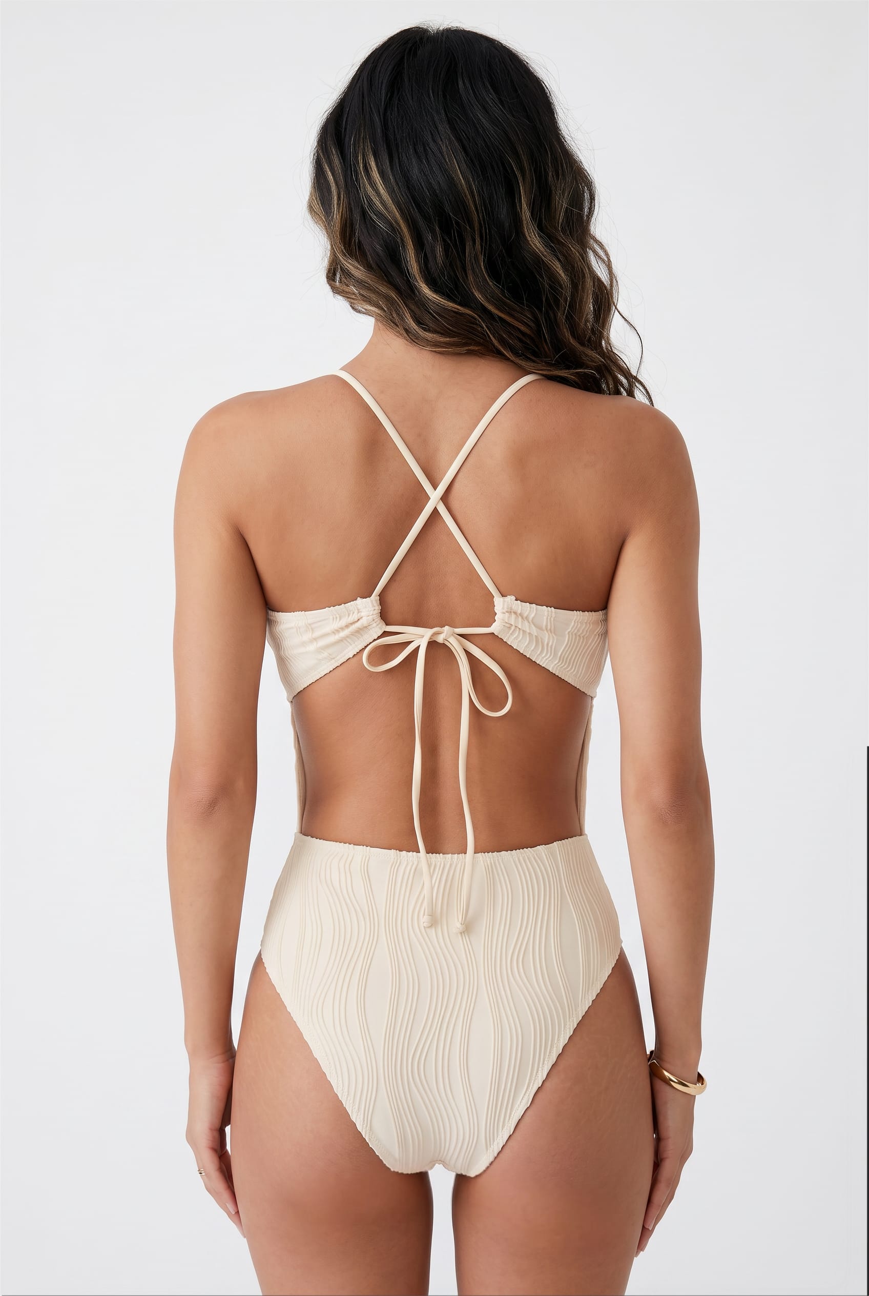 Cream Textured Wave Cutout Bodysuit