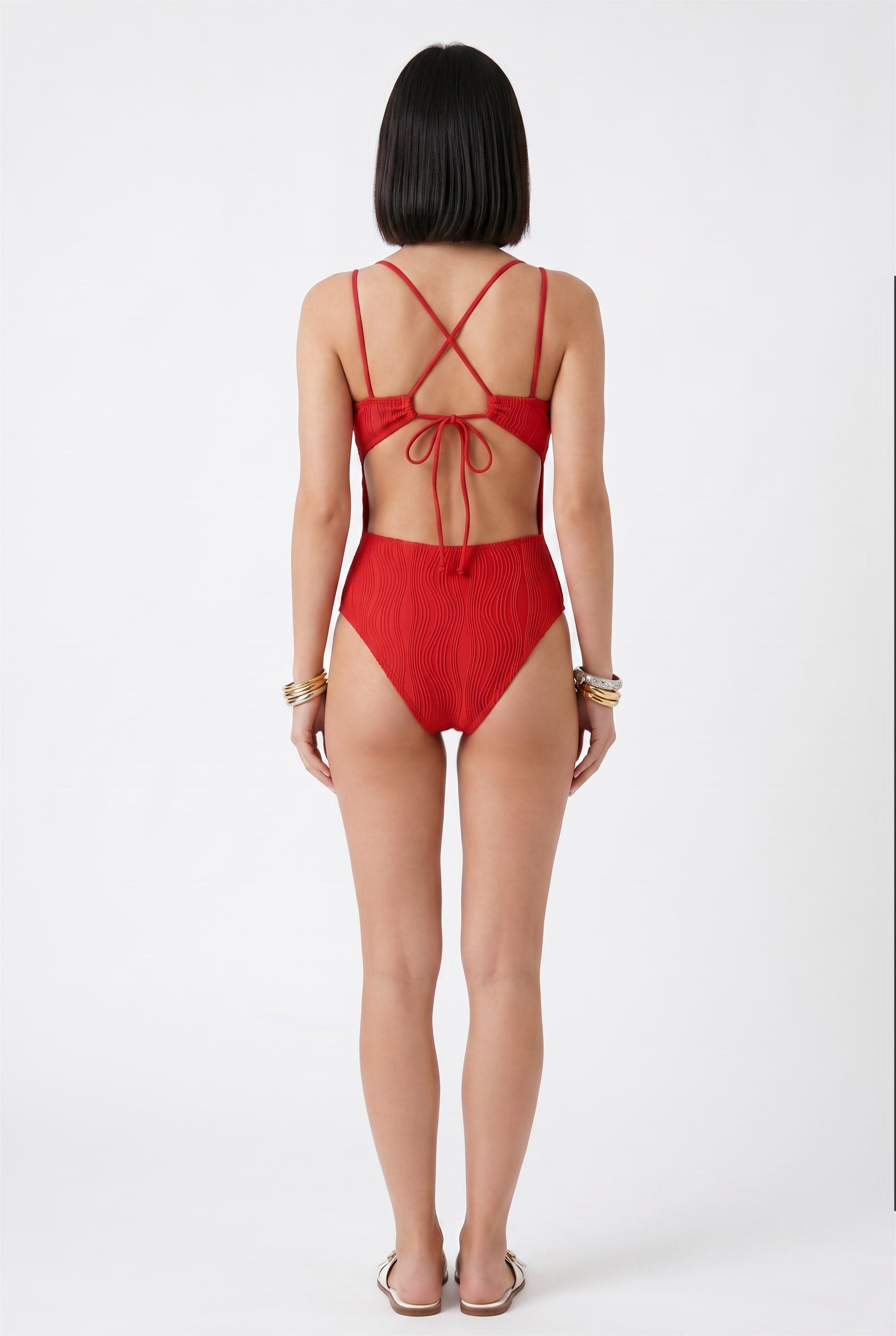 Red Textured bodysuit With Gold Hardware
