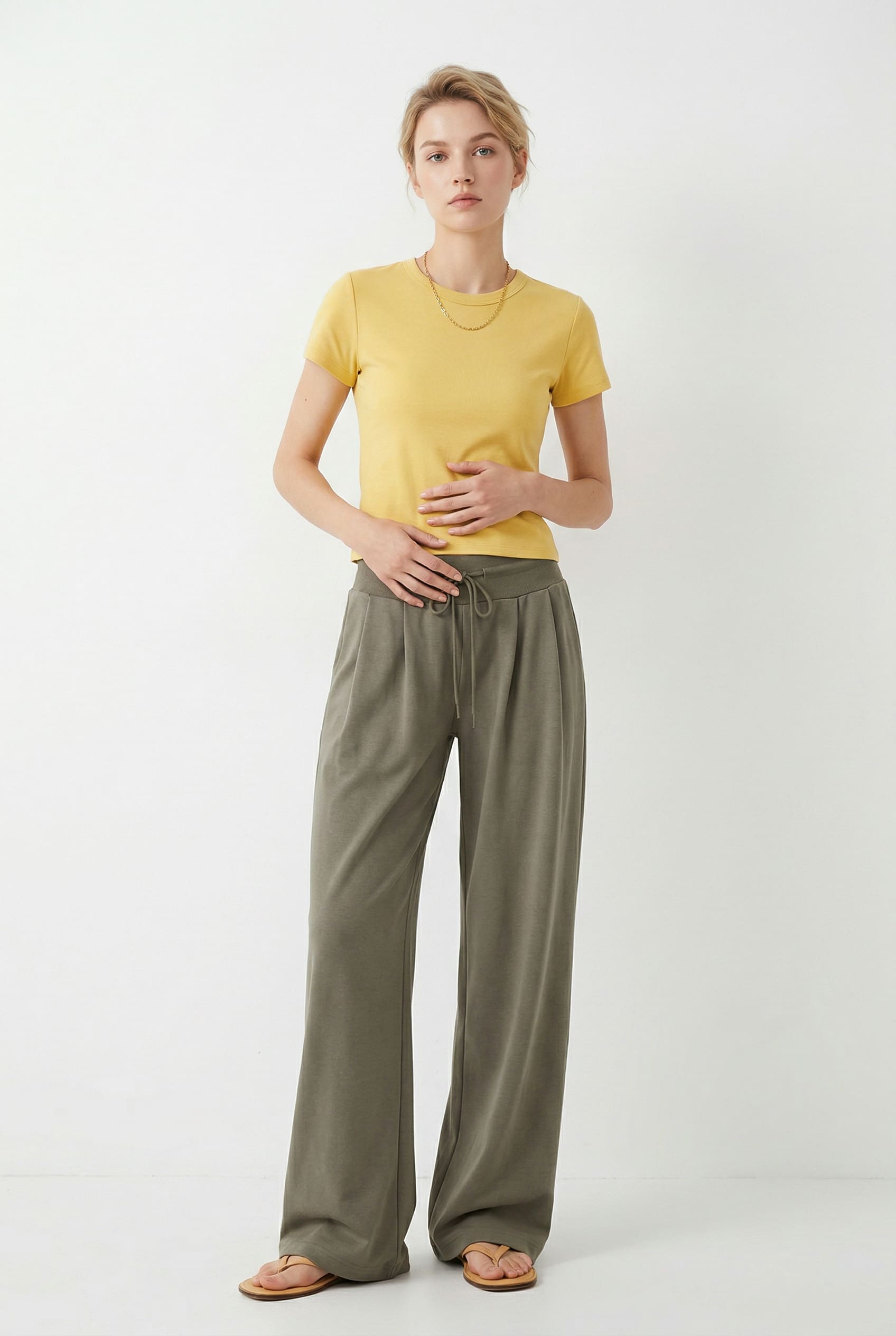 Olive Wide-Leg Drawstring Trousers