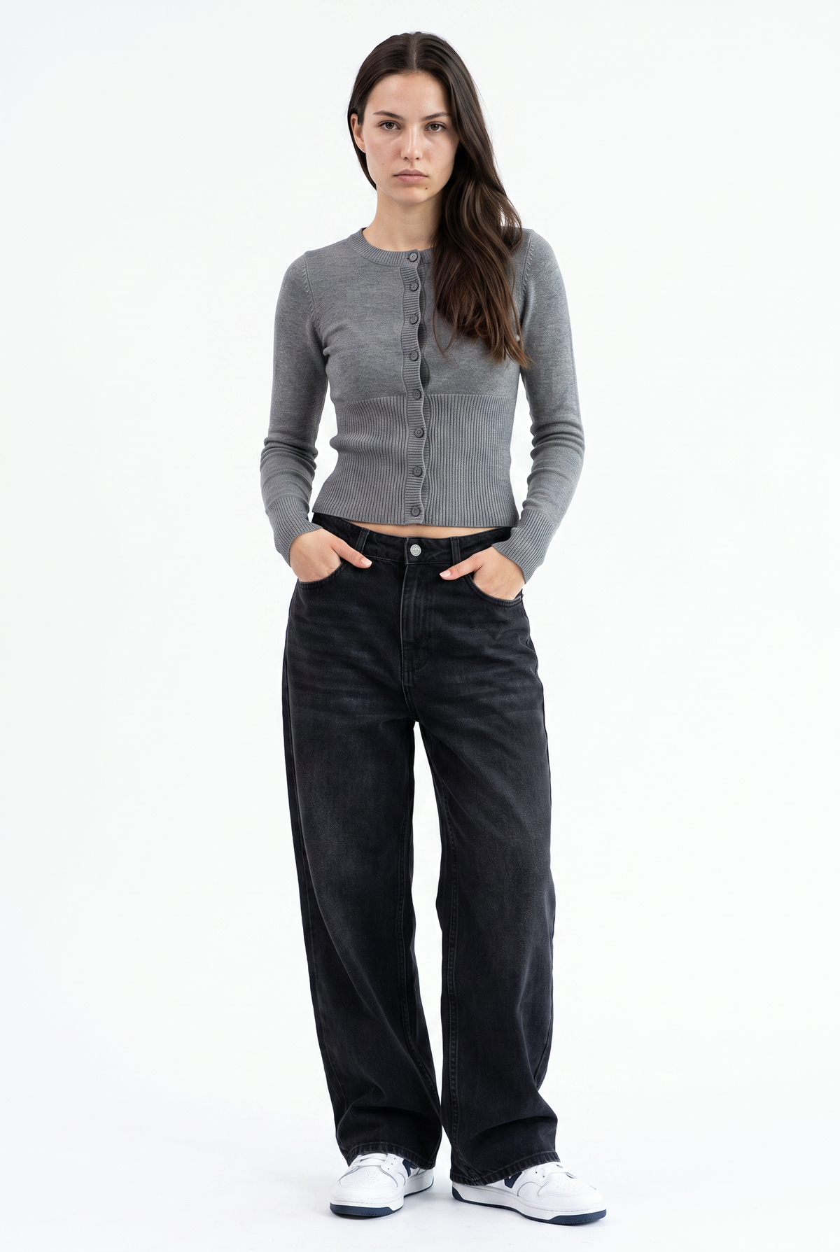 Gray Cropped Ribbed Knit Cardigan