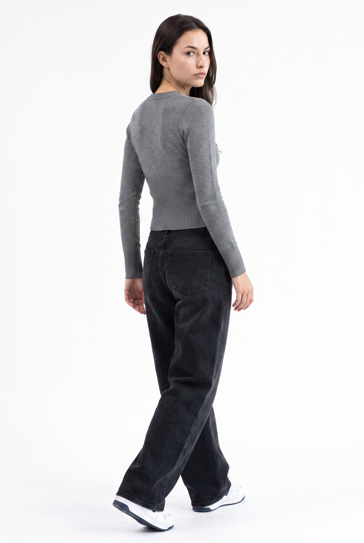 Gray Cropped Ribbed Knit Cardigan