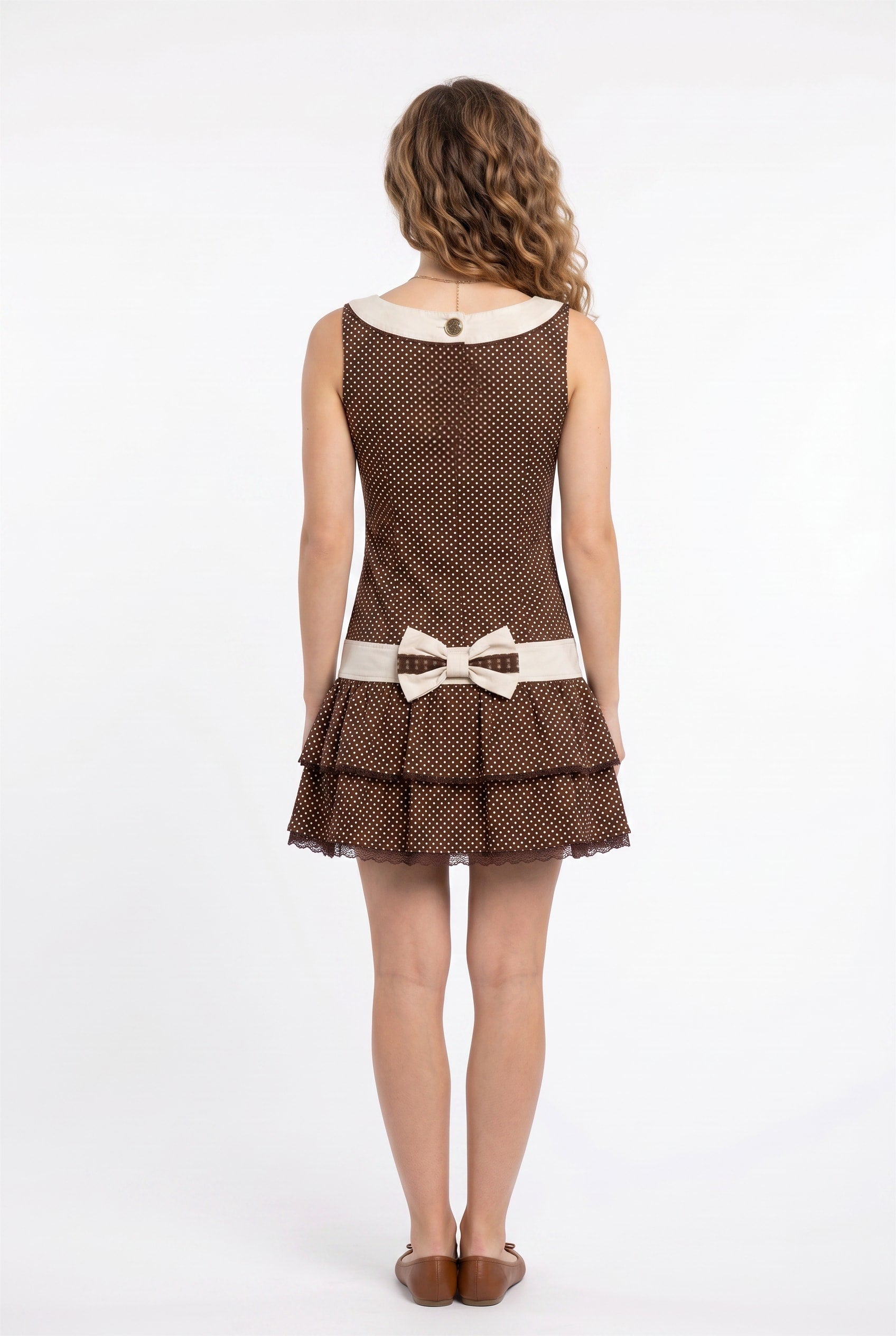 Brown Polka Dot Drop Waist Dress