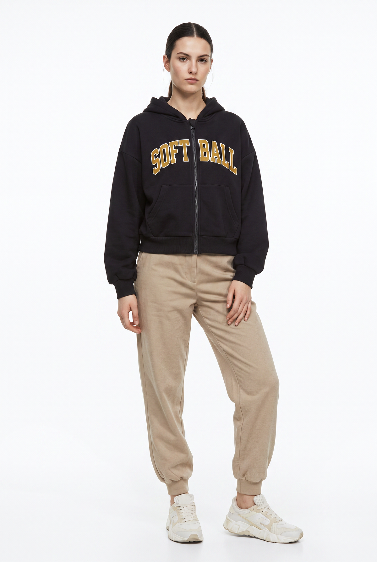 Black Softball Cropped Zip Hoodie