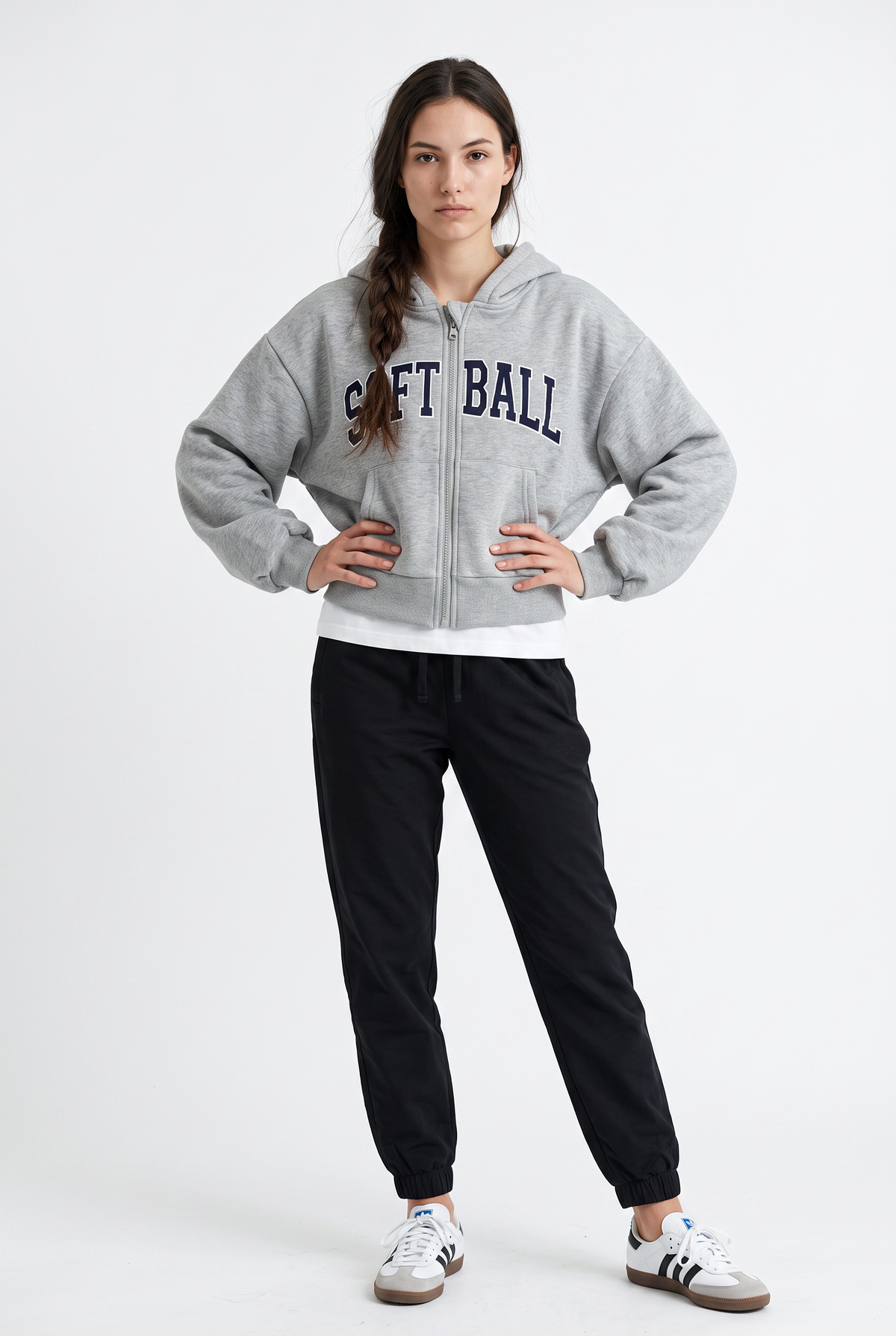 Gray Softball Cropped Zip Hoodie