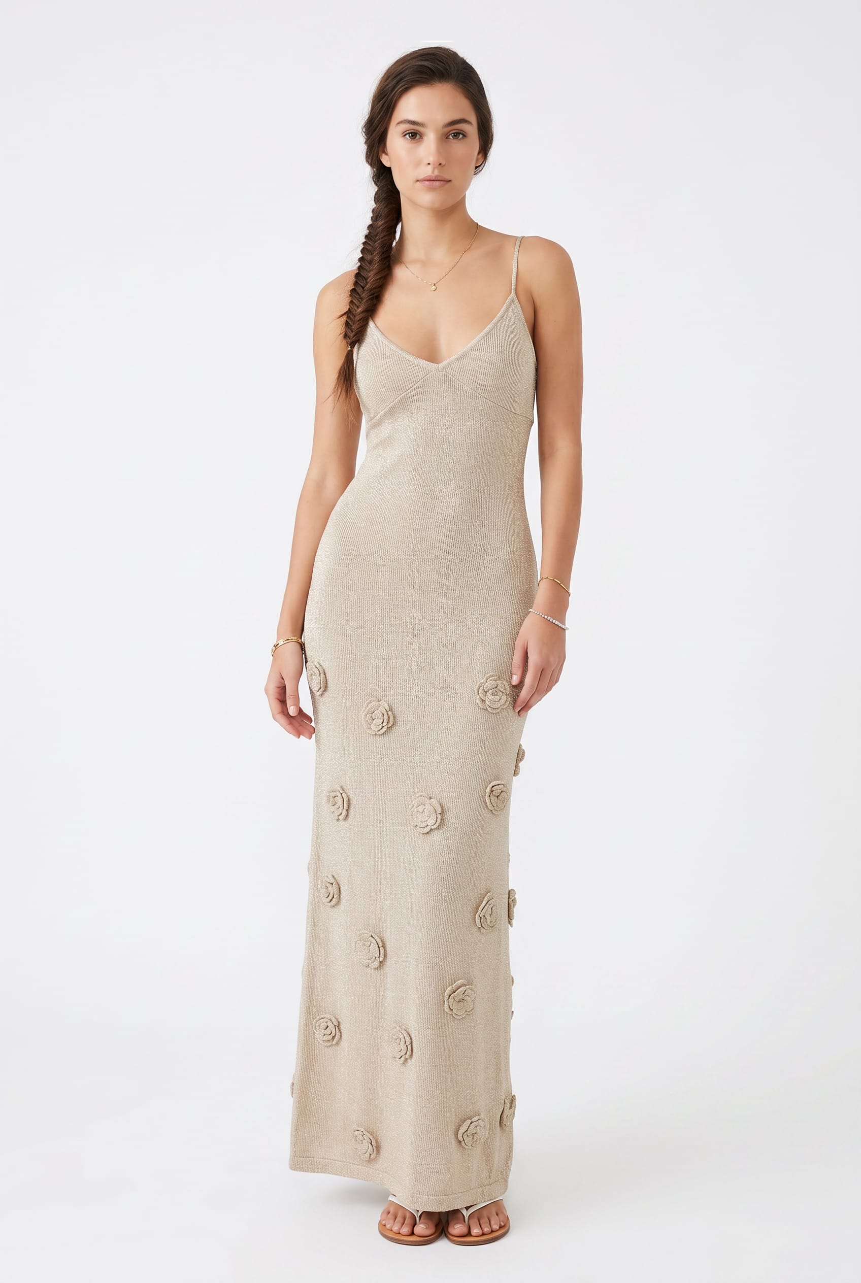 Beige Floral Appliqué Knit Maxi Dress