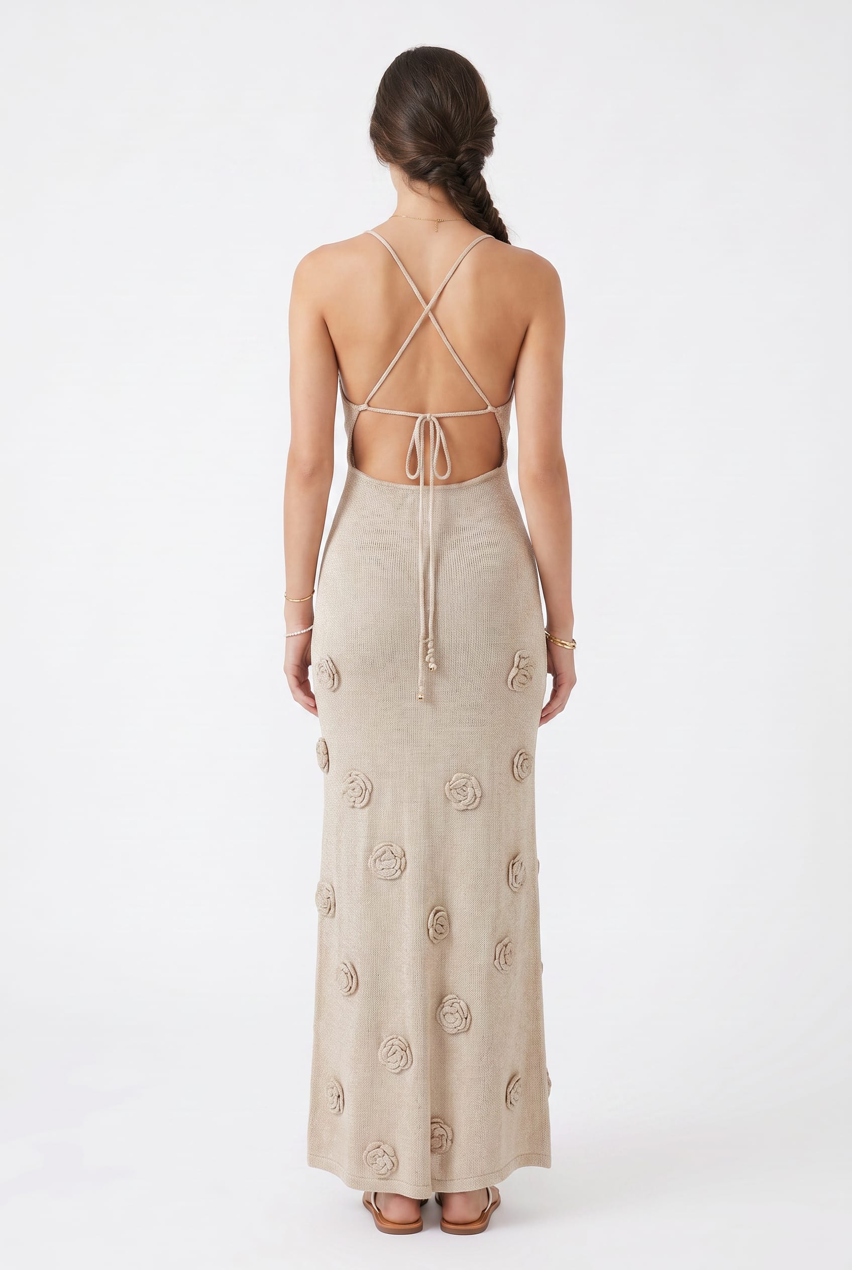 Beige Floral Appliqué Knit Maxi Dress