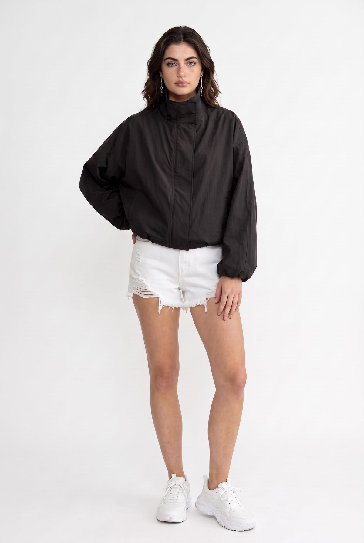 Black Cropped Windbreaker Oversized Jacket