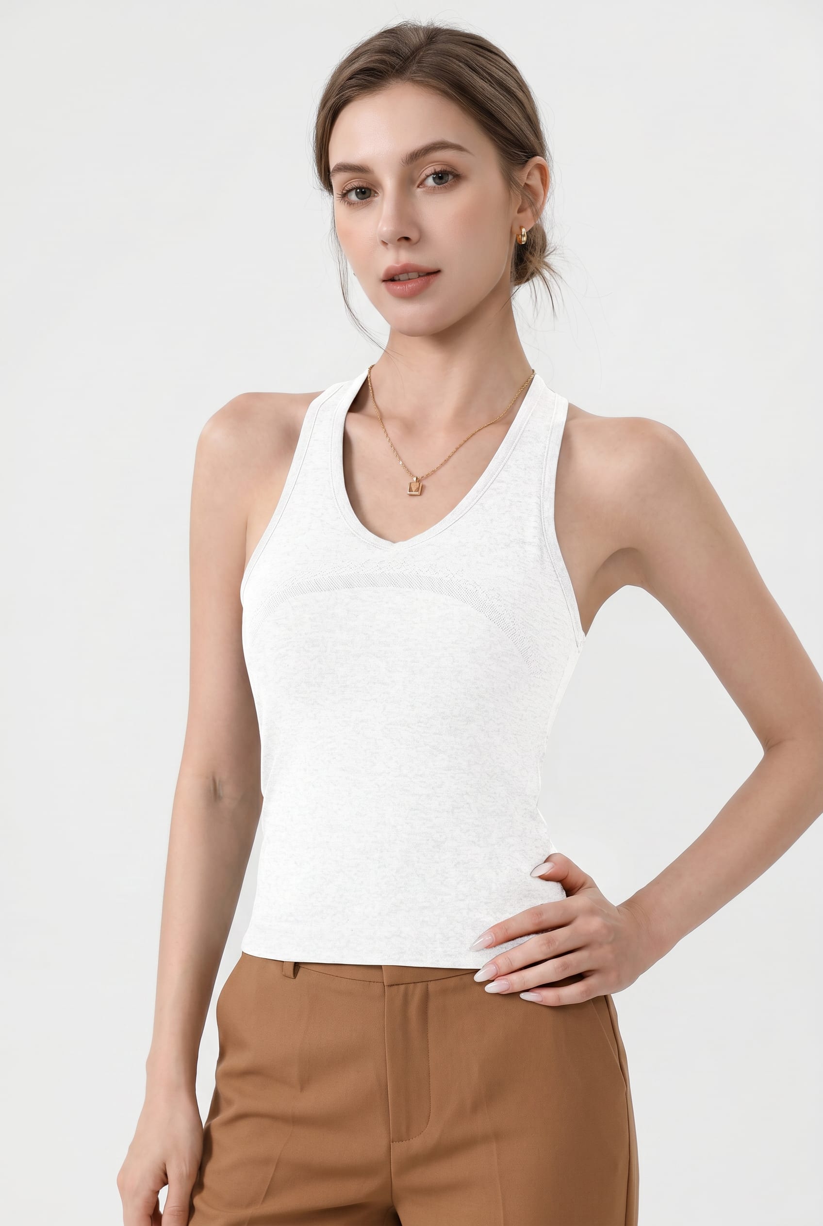 White Textured Racerback V-Neck Tank
