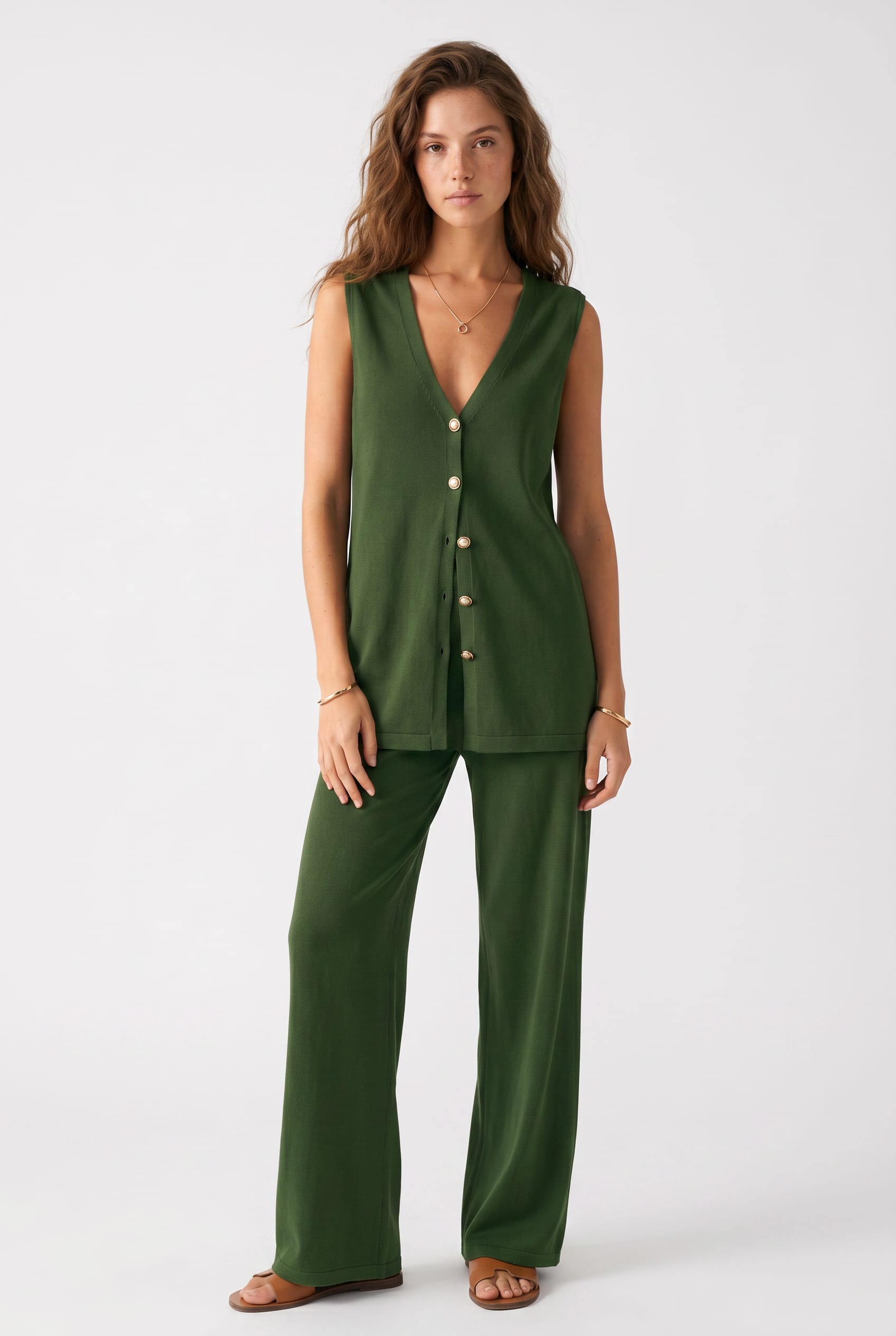 Forest Green Button-Front Vest Co-ord Set