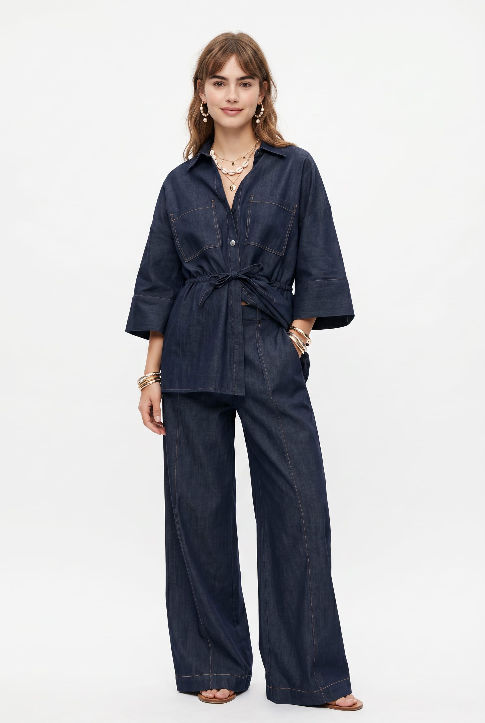 Navy Denim Belted Kimono Co-ord Set