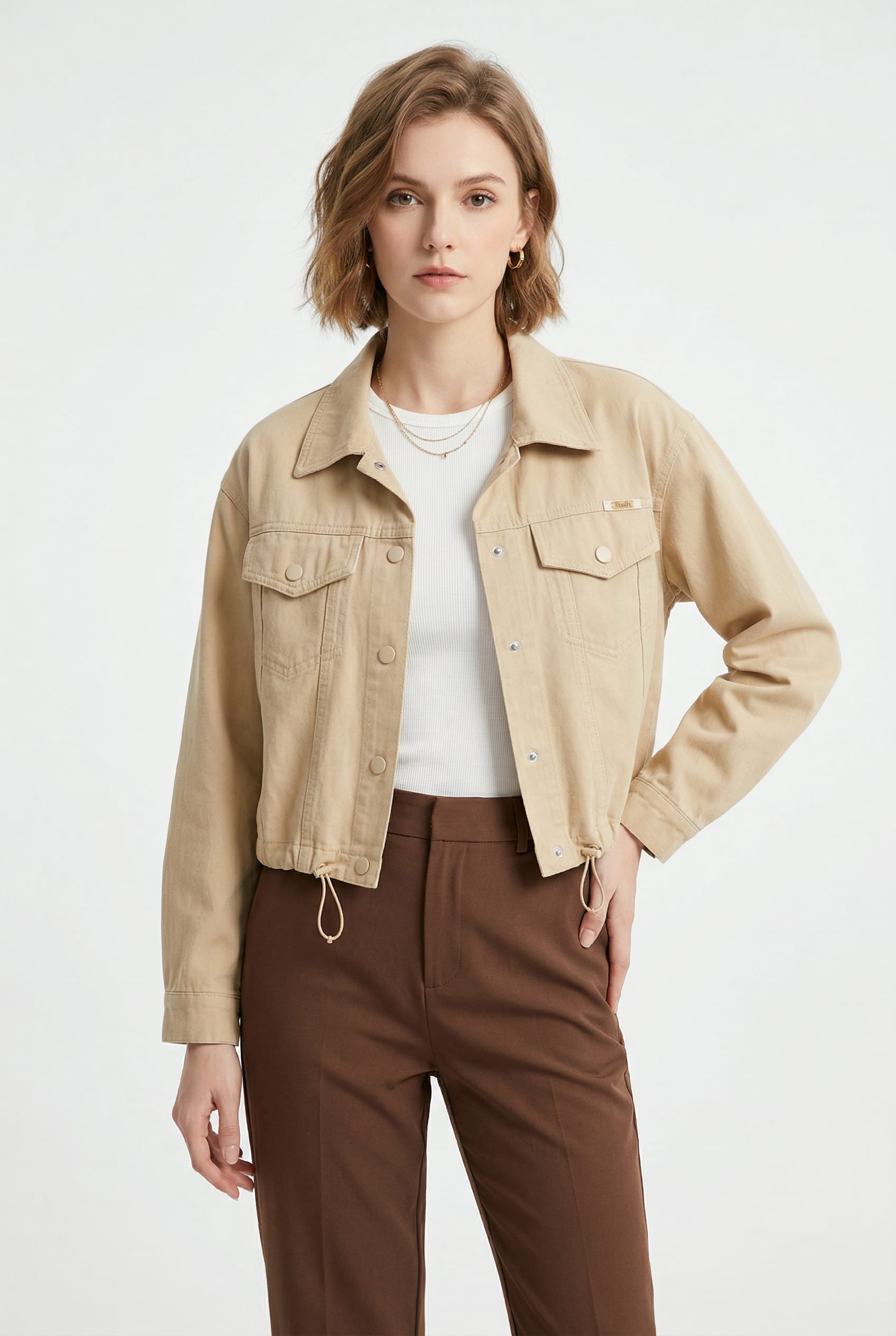 Beige Denim Cropped Utility Jacket