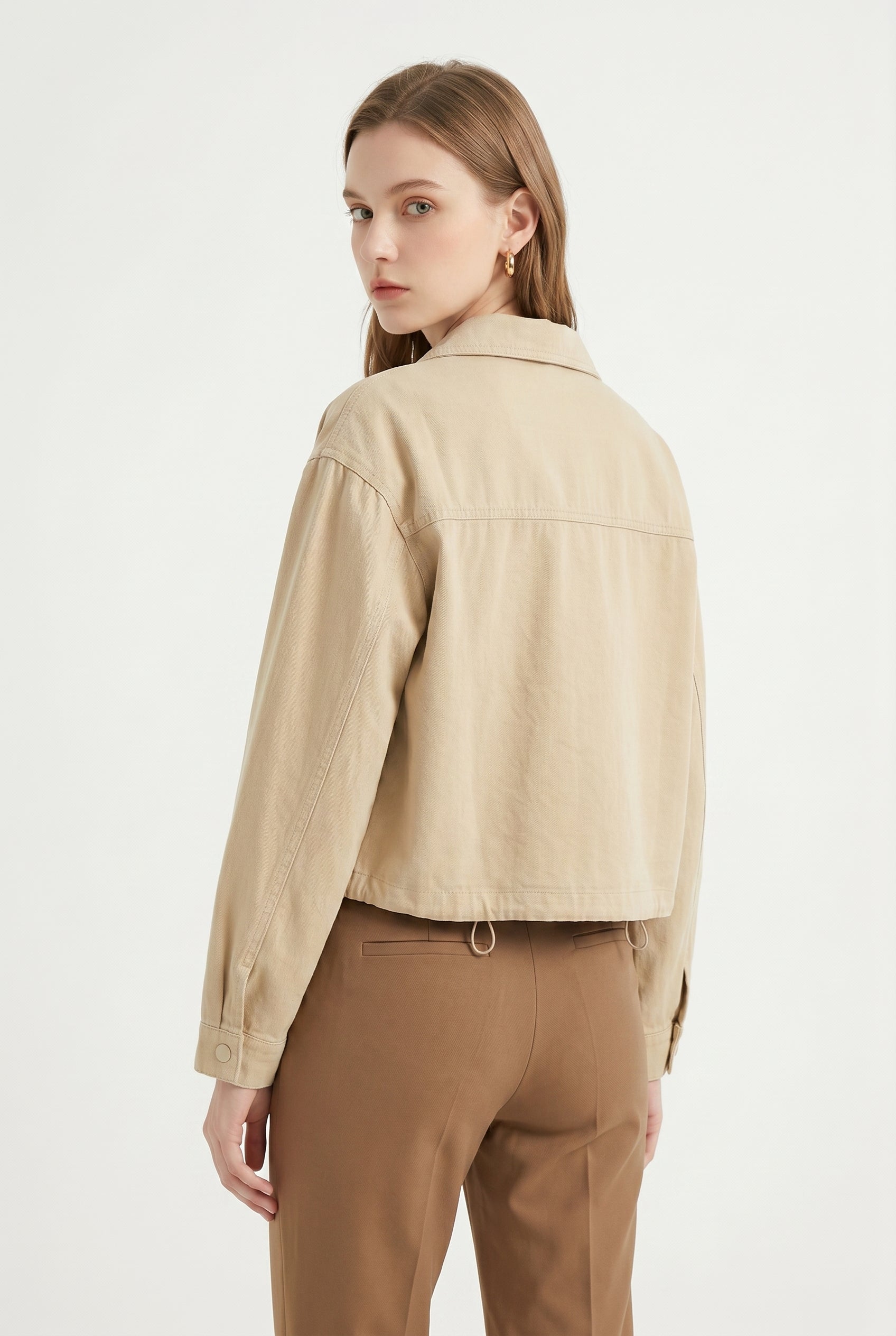 Beige Denim Cropped Utility Jacket