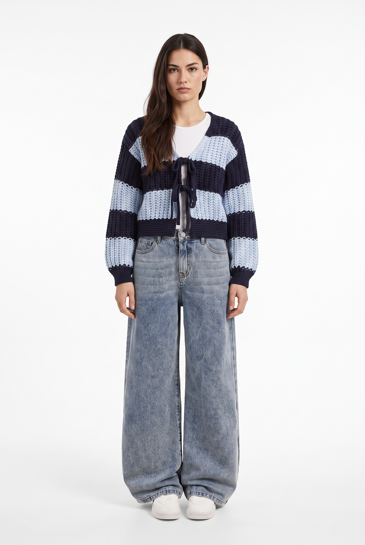 Navy Striped Cropped Knit Cardigan