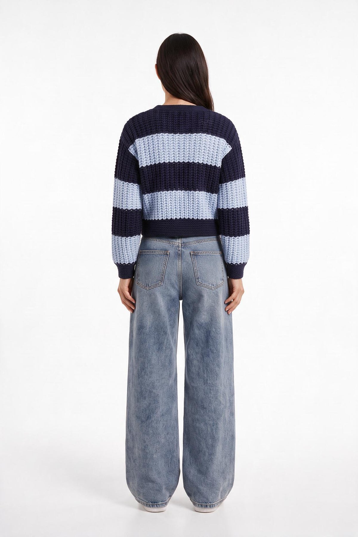 Navy Striped Cropped Knit Cardigan