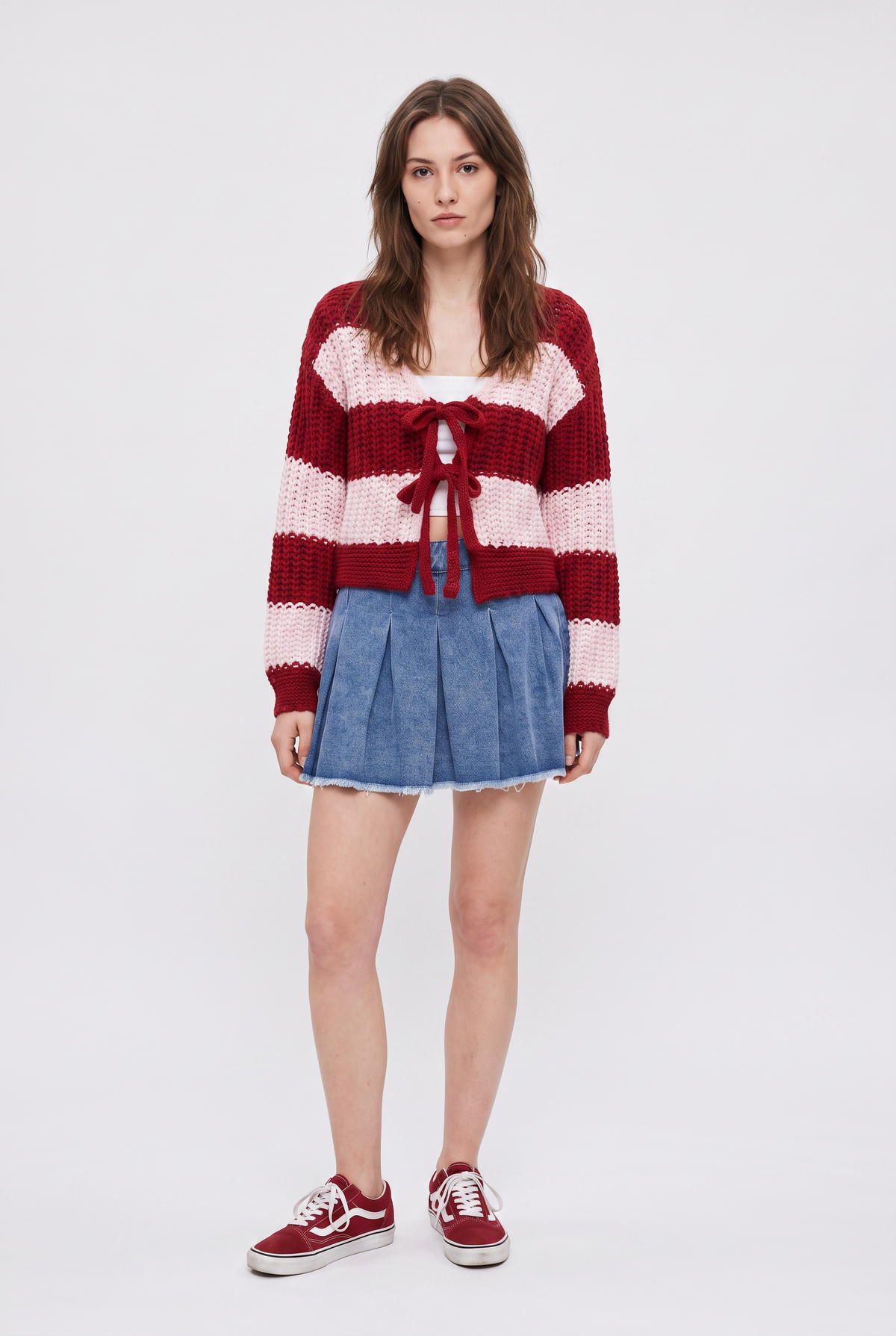 Red Striped Cropped Knit Cardigan
