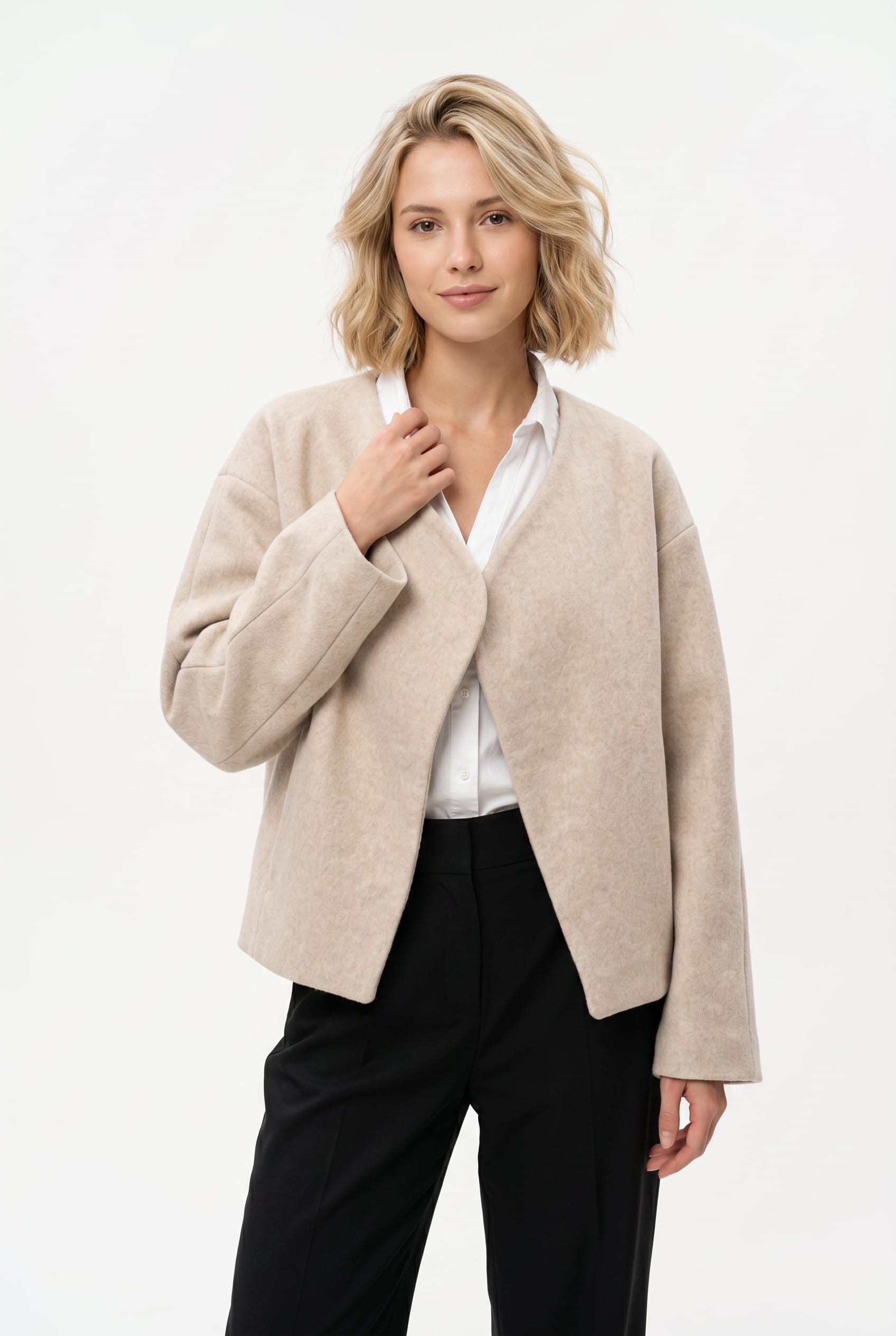 Beige Collarless Wool-Blend Open Jacket