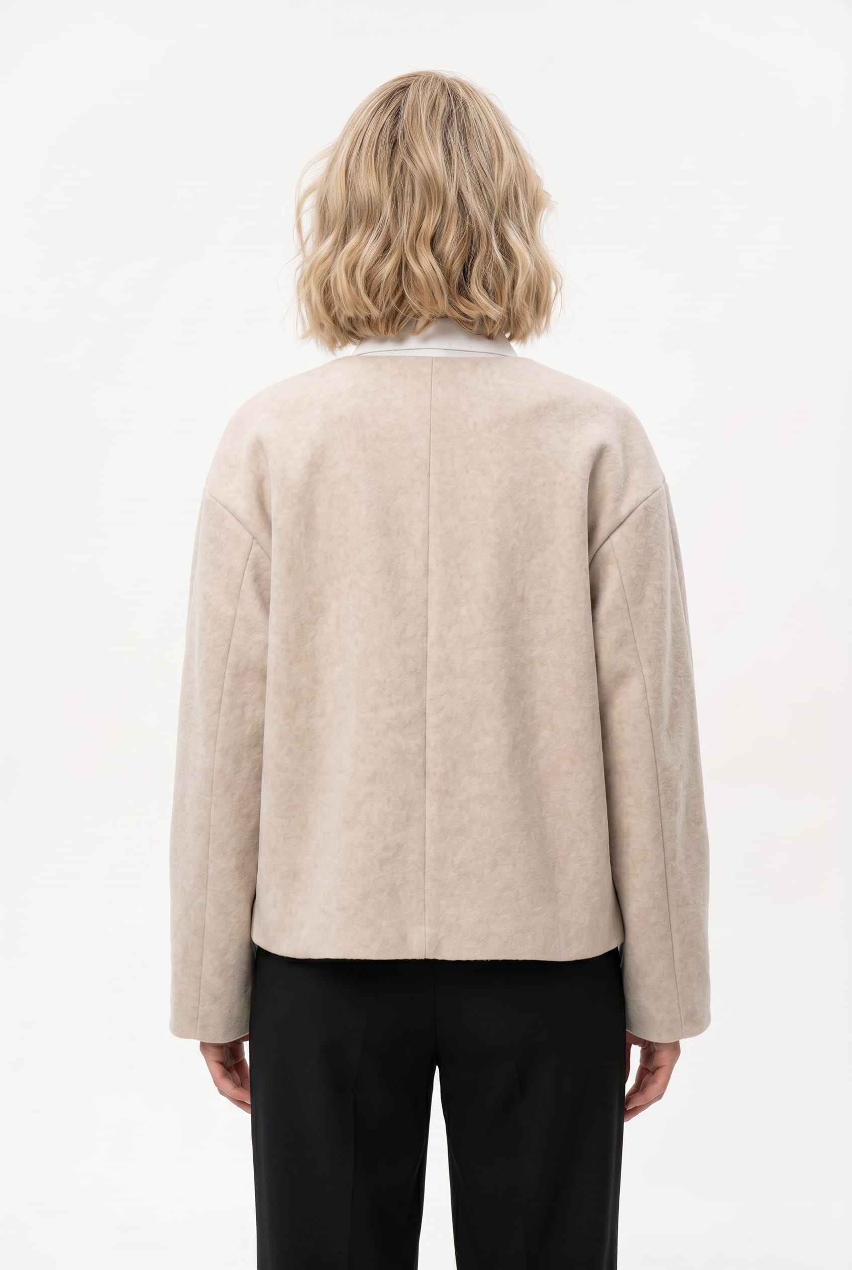 Beige Collarless Wool-Blend Open Jacket