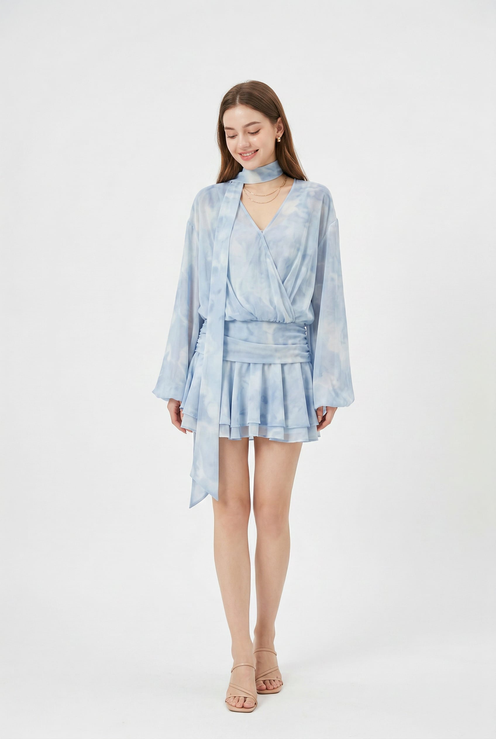 Sky Blue Tie-Dye Wrap Mini Dress