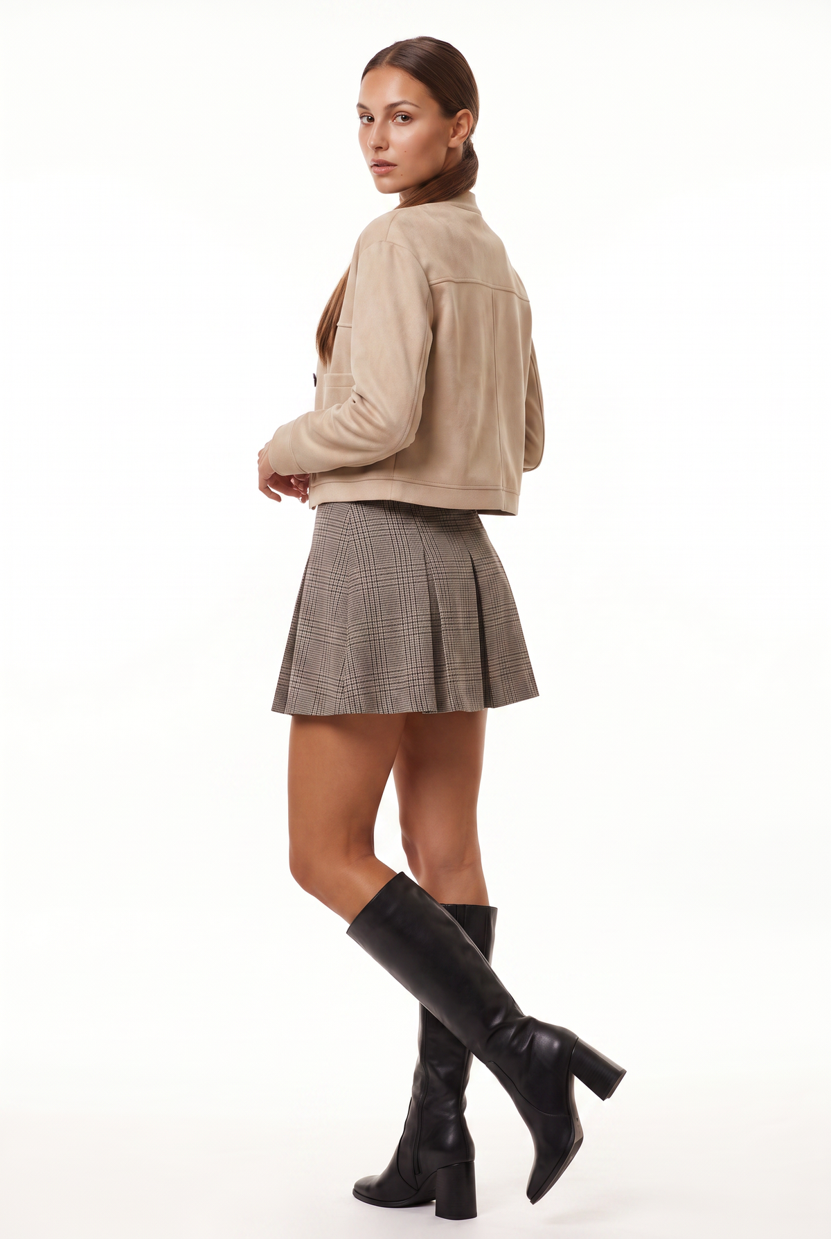 Beige Cropped Suede Bomber Jacket