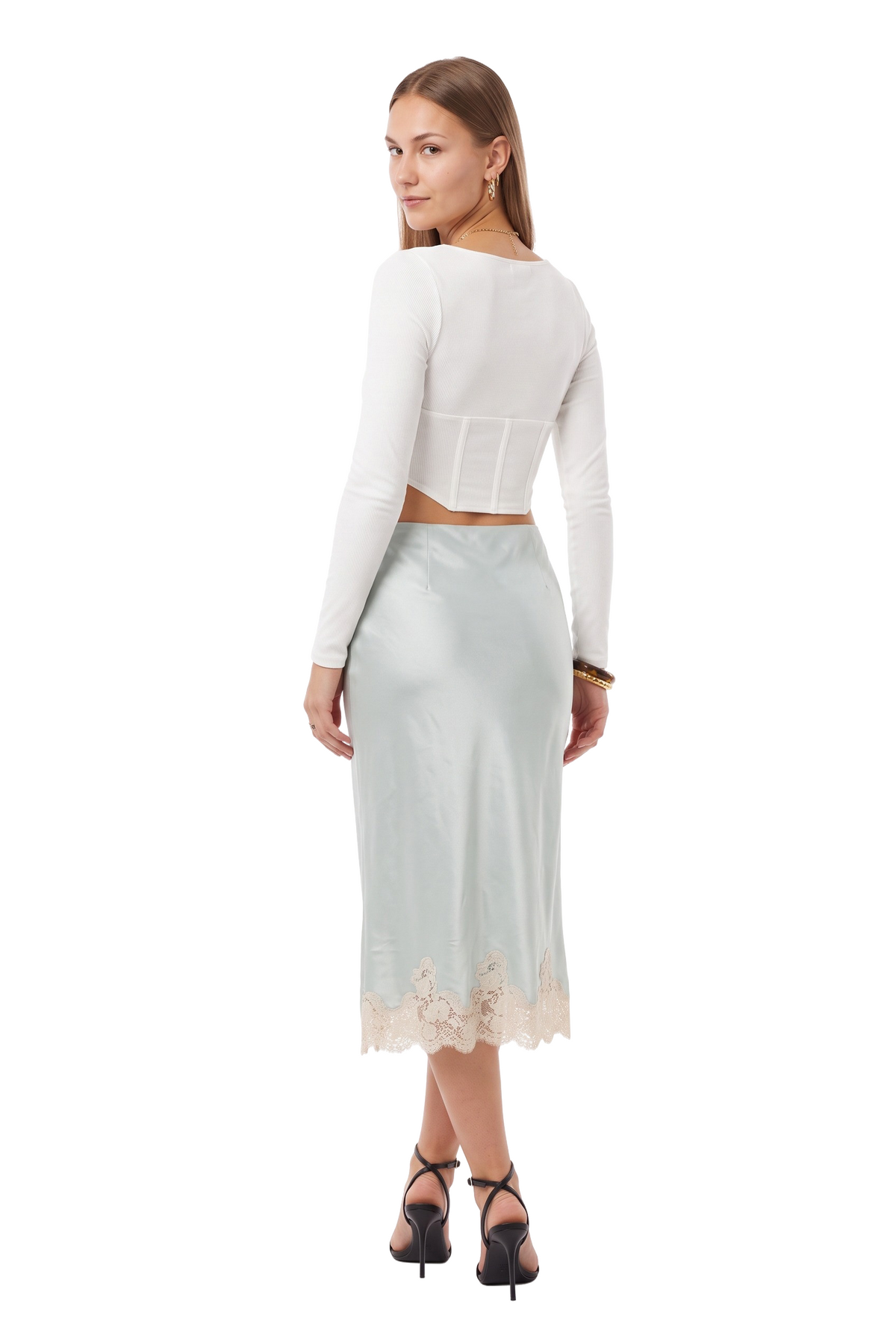 Sage Satin Lace Trim Skirt