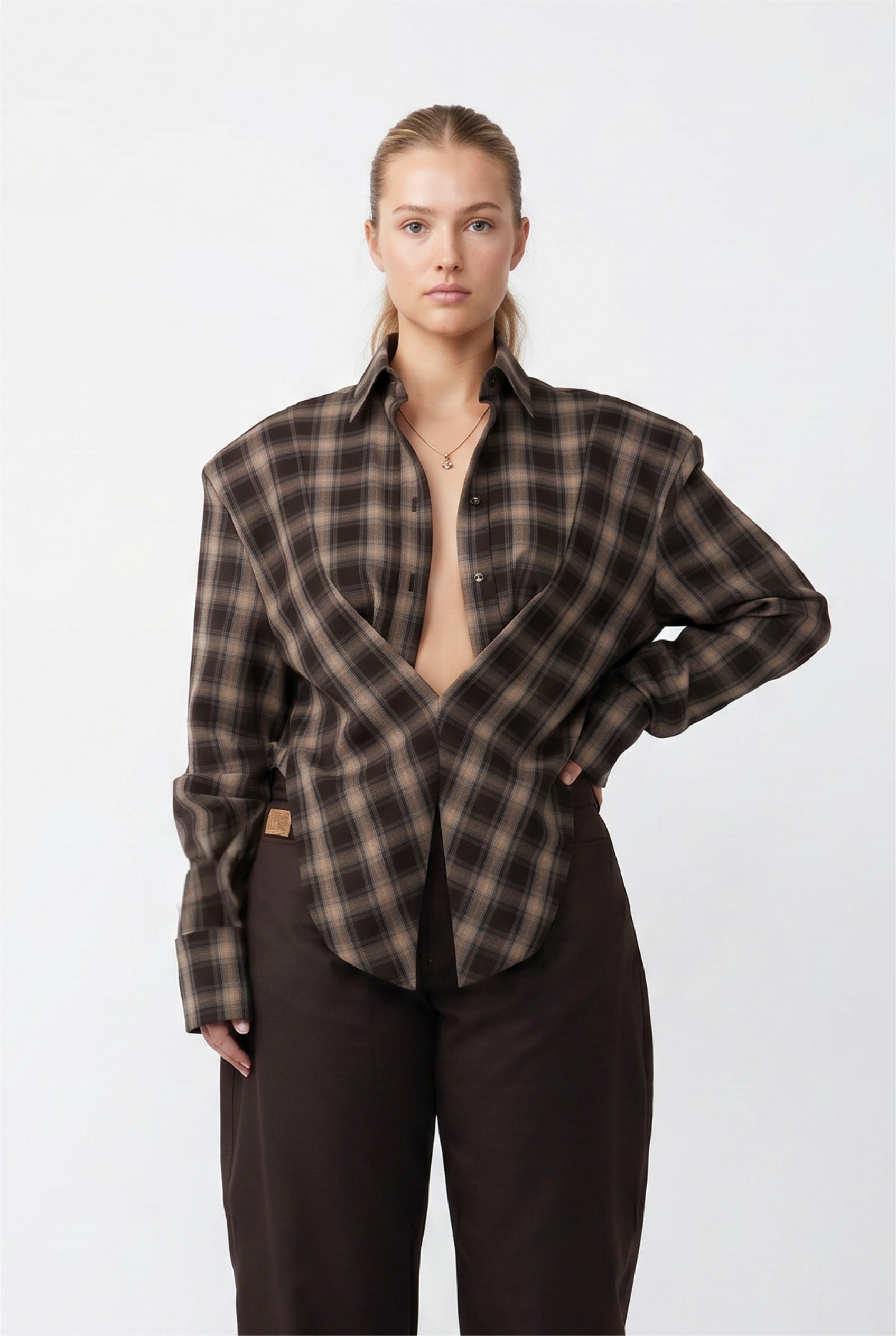 Brown Plaid Oversized Button-Up Shirt