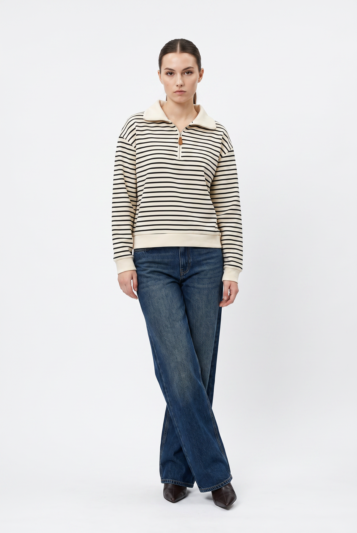 Cream Striped Half-Zip Sweatshirt